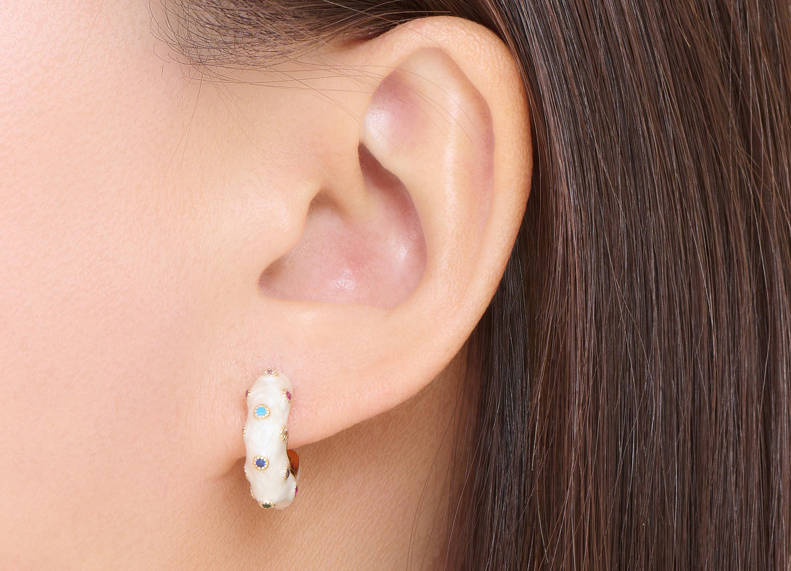 Brass Hoop Earring Post - Colorful Enamel Zircon Earring Stud - Gold Chic Hoop Earring - 18K Real Gold-Plated - 19x22x5mm - RGP10572 - DOMEDBAZAAR