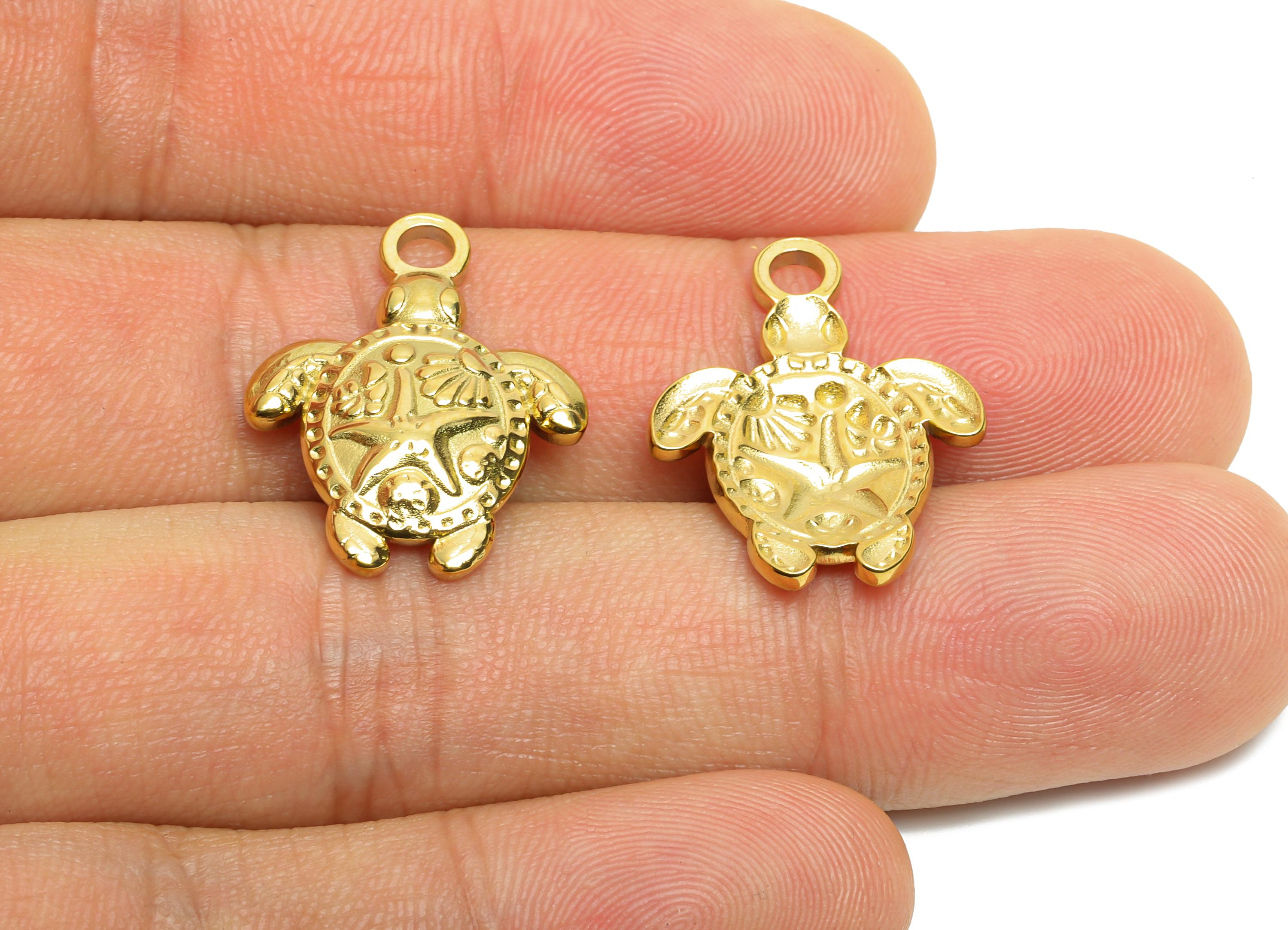 Steel Turtle Charms - Marine Animal Pendant - Sea Turtle Pendant - Stainless Steel Nautical Starfish and Seashell - 22x18x3.2mm - SS1651 - DOMEDBAZAAR