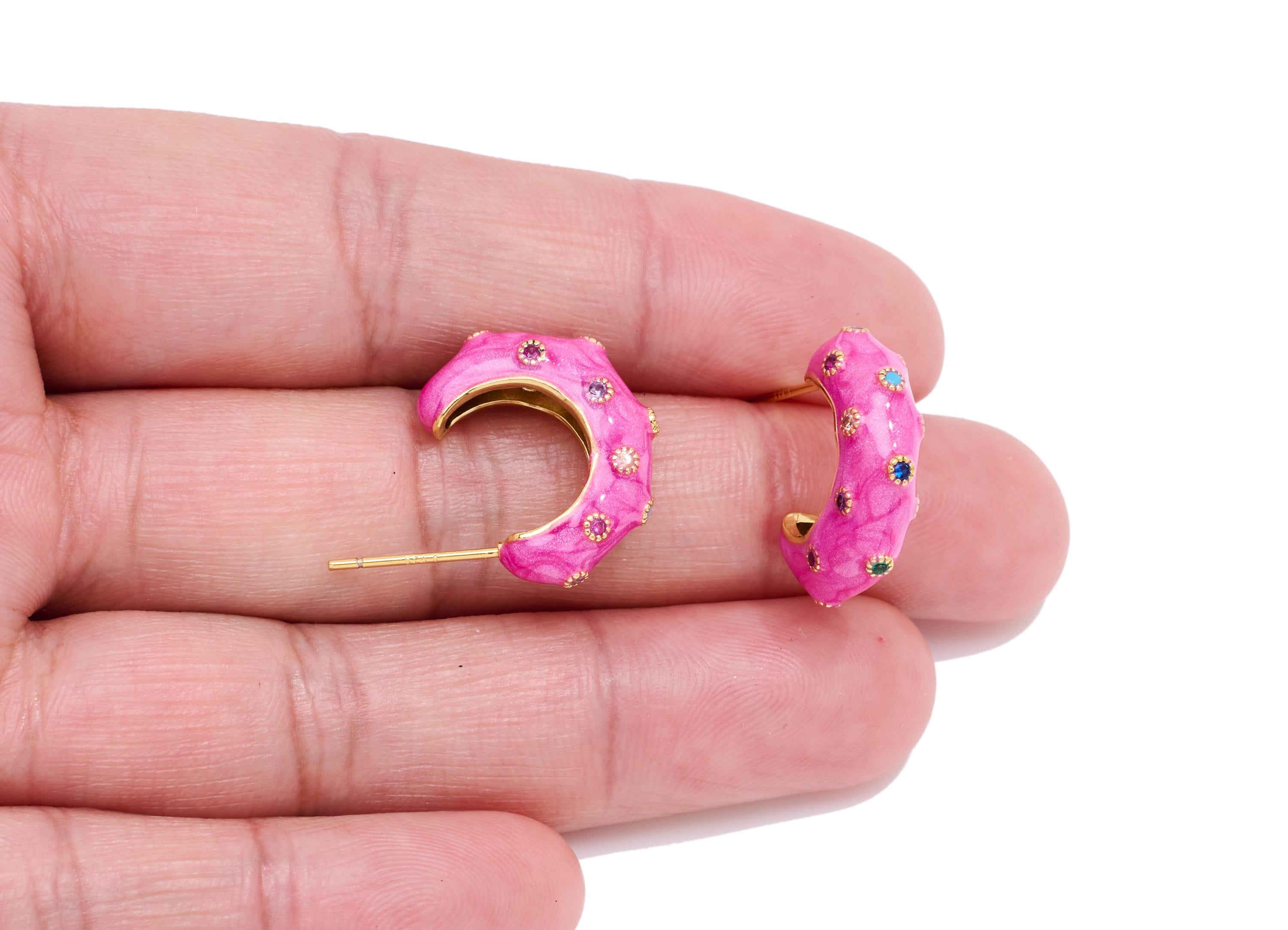 Brass Hoop Earring Post - Colorful Enamel Zircon Earring Stud - Gold Elegant Hoop Earring - 18K Real Gold-Plated - 19x22x5mm - RGP10573 - DOMEDBAZAAR