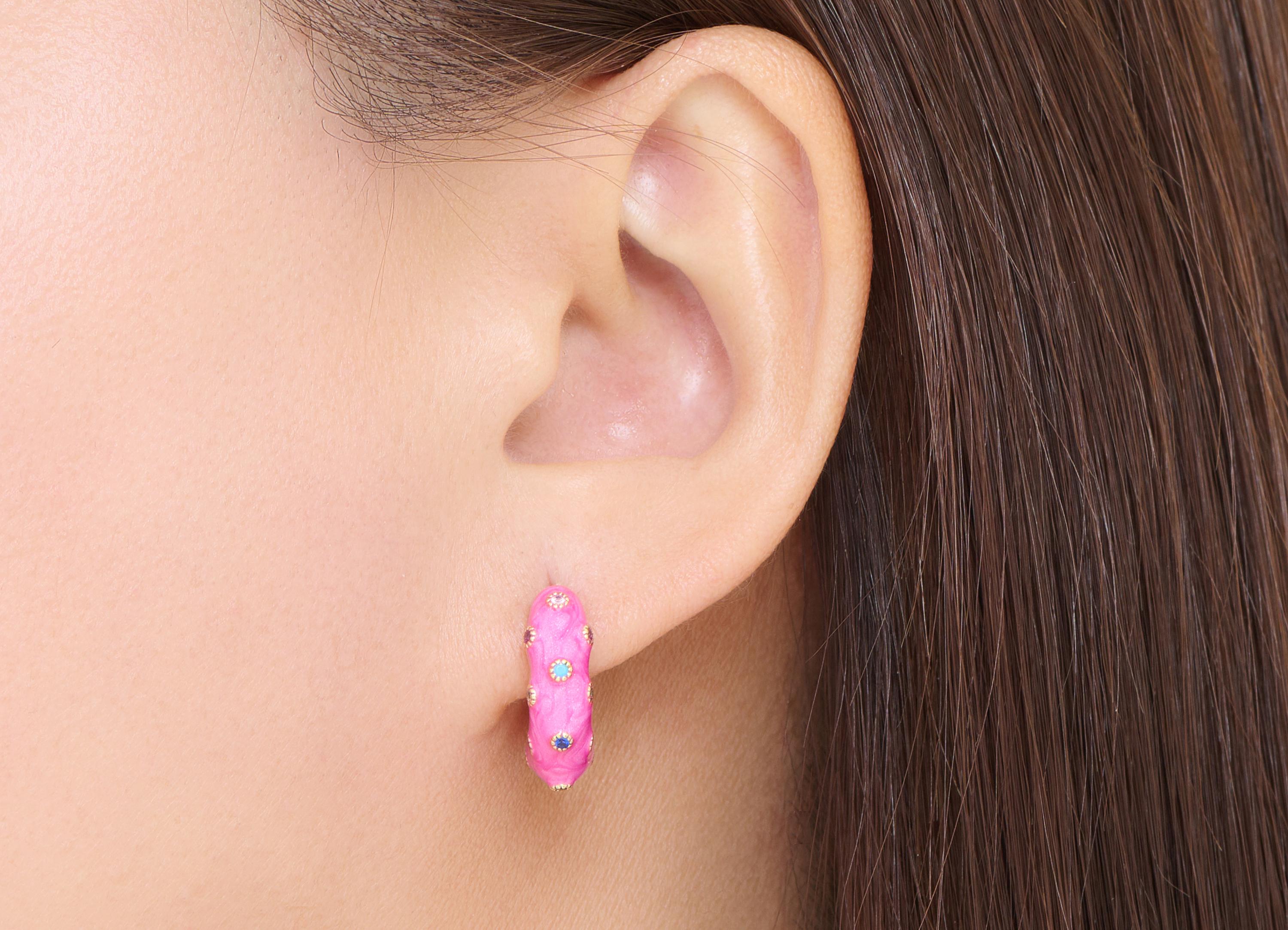 Brass Hoop Earring Post - Colorful Enamel Zircon Earring Stud - Gold Elegant Hoop Earring - 18K Real Gold-Plated - 19x22x5mm - RGP10573 - DOMEDBAZAAR