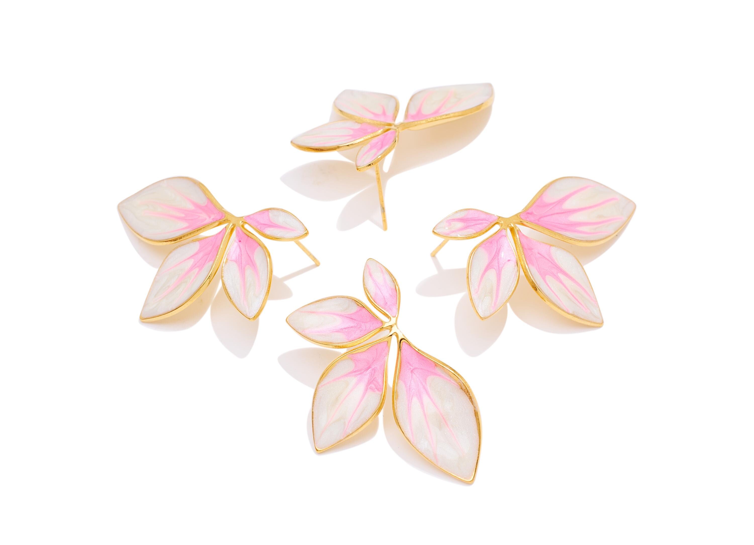 Stainless Steel Floral Stud - Gold Enamel Flower Earring Post - Modern Steel Earring Stud - Gold Vacuum Plated - 34.41x20.85x1.9mm - SS2235 - DOMEDBAZAAR