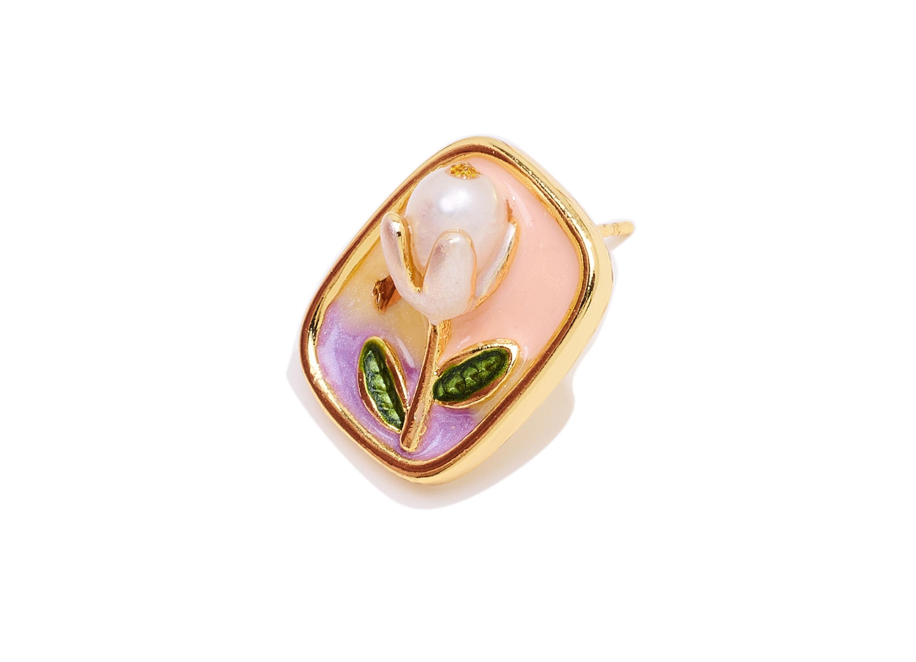 Brass Floral Earring Post - Artisan Enamel Summer Earring Stud - Colorful Earring Pearl Stud - 18K Real Gold-Plated - 18x14x7mm - RGP10619 - DOMEDBAZAAR