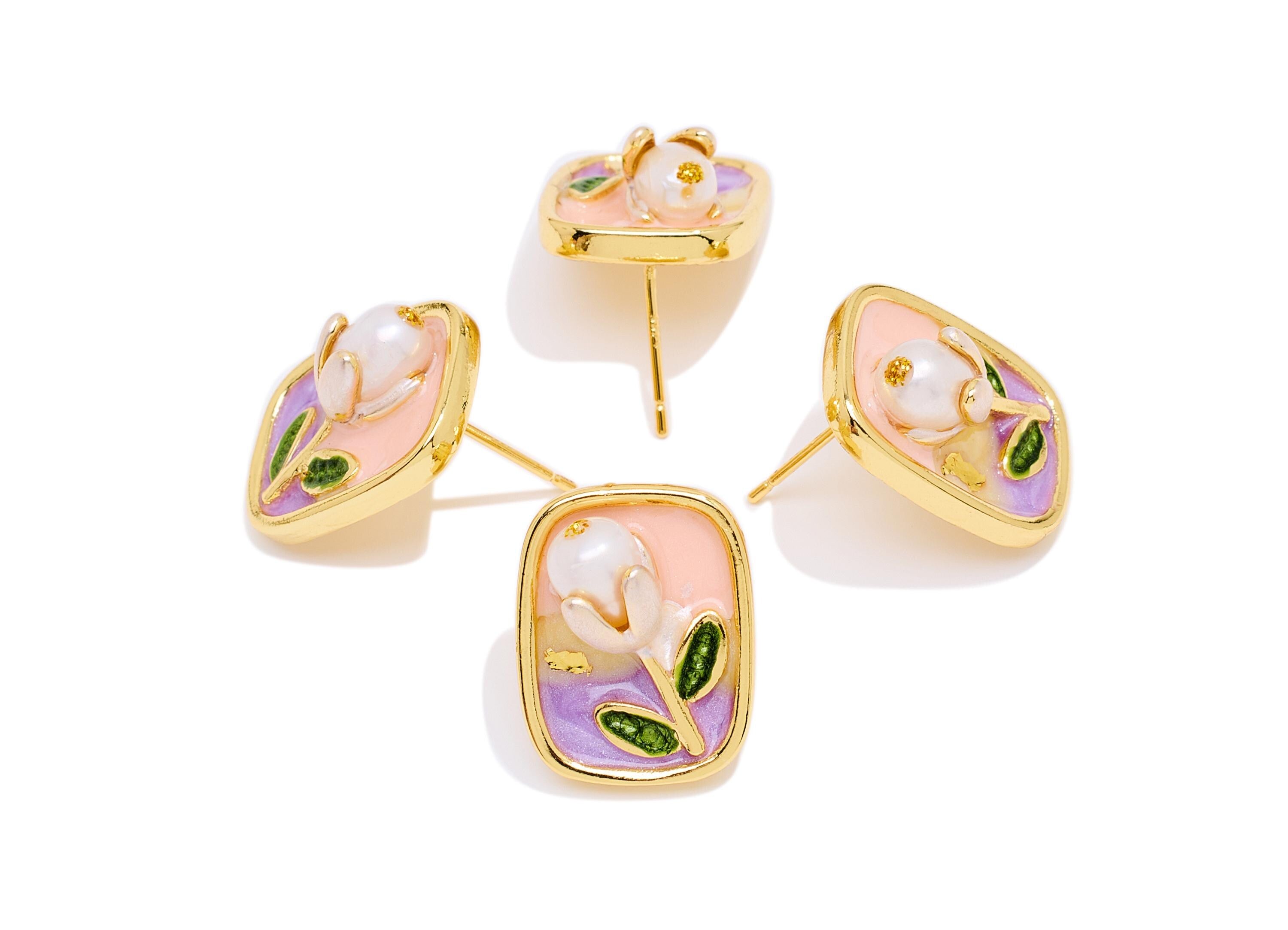 Brass Floral Earring Post - Artisan Enamel Summer Earring Stud - Colorful Earring Pearl Stud - 18K Real Gold-Plated - 18x14x7mm - RGP10619 - DOMEDBAZAAR