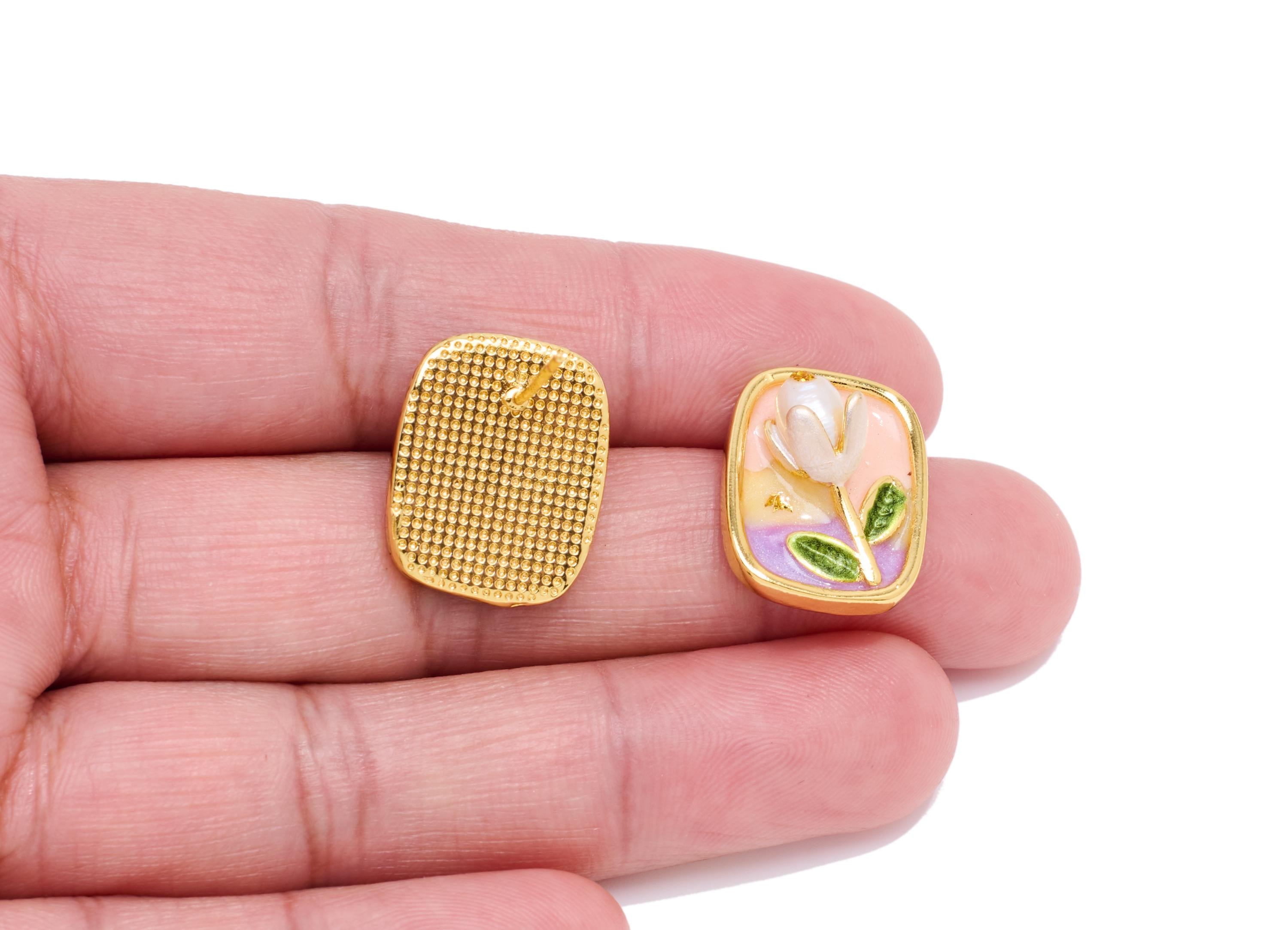 Brass Floral Earring Post - Artisan Enamel Summer Earring Stud - Colorful Earring Pearl Stud - 18K Real Gold-Plated - 18x14x7mm - RGP10619 - DOMEDBAZAAR