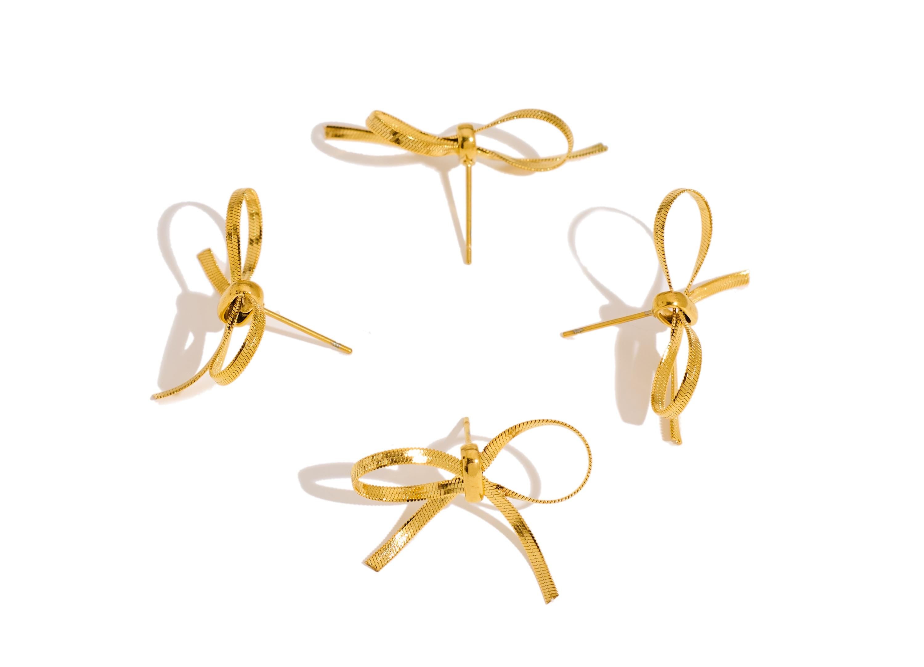 Stainless Steel Bowtie Stud - Steel Chain Bow Earring Post - Gold Ribbon Earring Post - Gold Tone Vacuum Plated - 17x25.48x7.97mm - SS2227 - DOMEDBAZAAR
