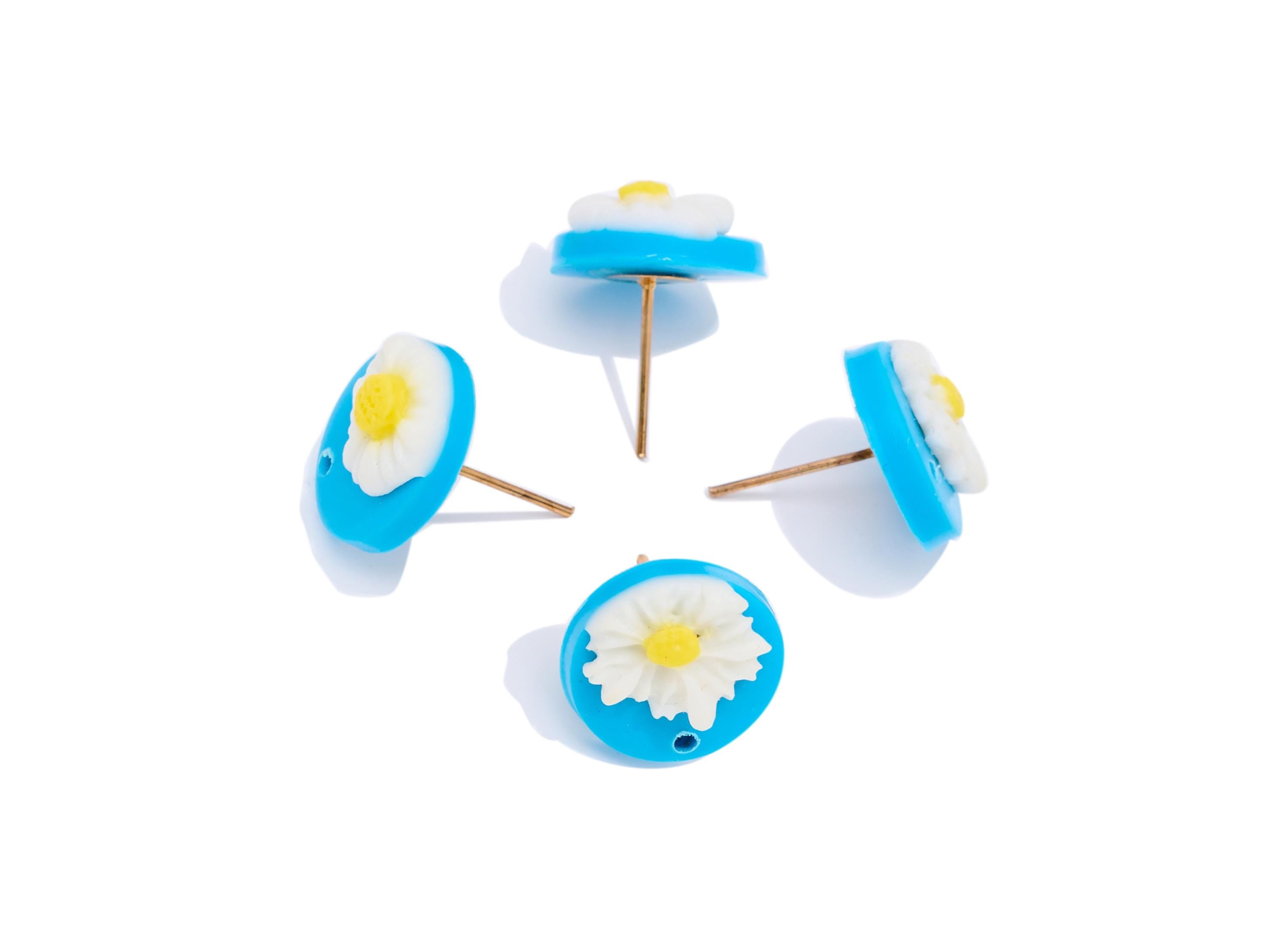 Floral Polymer Clay Earring Stud - Artistic Blue Daisy Polymer Clay Earring Post - Modern Polymer Clay Jewelry - 14.4x13.98x6.19mm - PC2352 - DOMEDBAZAAR