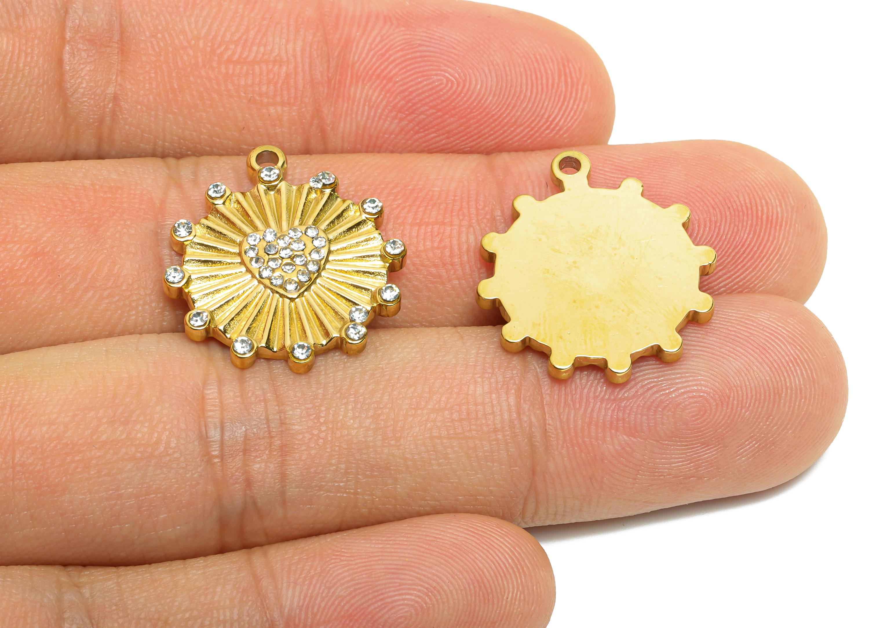 Stainless Steel Heart Charms - Textured Zircon Sunburst Heart Pendant - Shiny Sunray Heart Pendant - Steel Accessory - 22x19x2.53mm - SS1613 - DOMEDBAZAAR