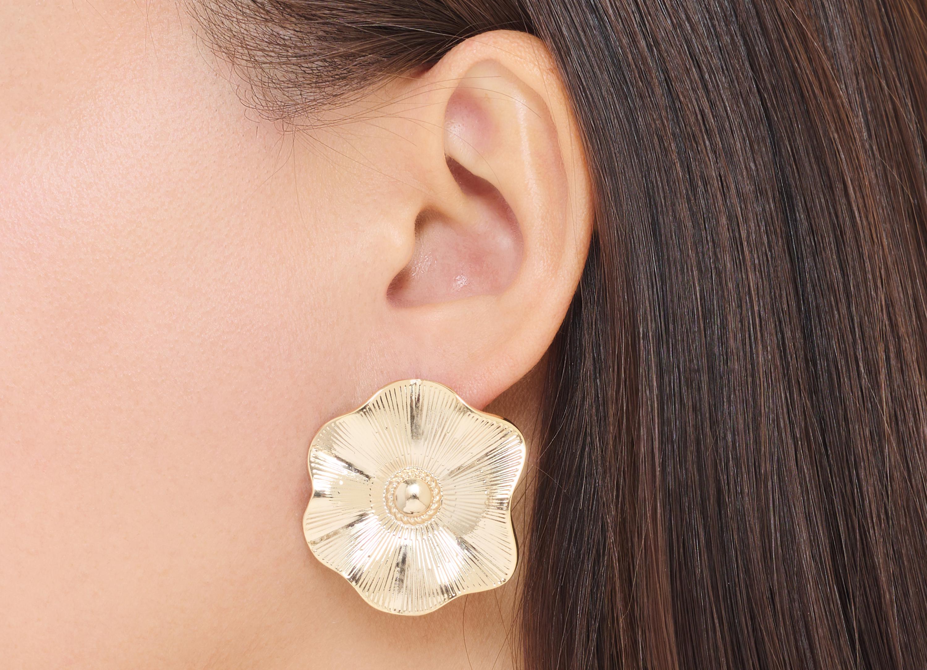 Brass Floral Earring Post - Textured Flower Botanical Earring Stud - Bold Gold Floral Jewelry - 18K Real Gold Plated - 33x30x1mm - RGP10416 - DOMEDBAZAAR