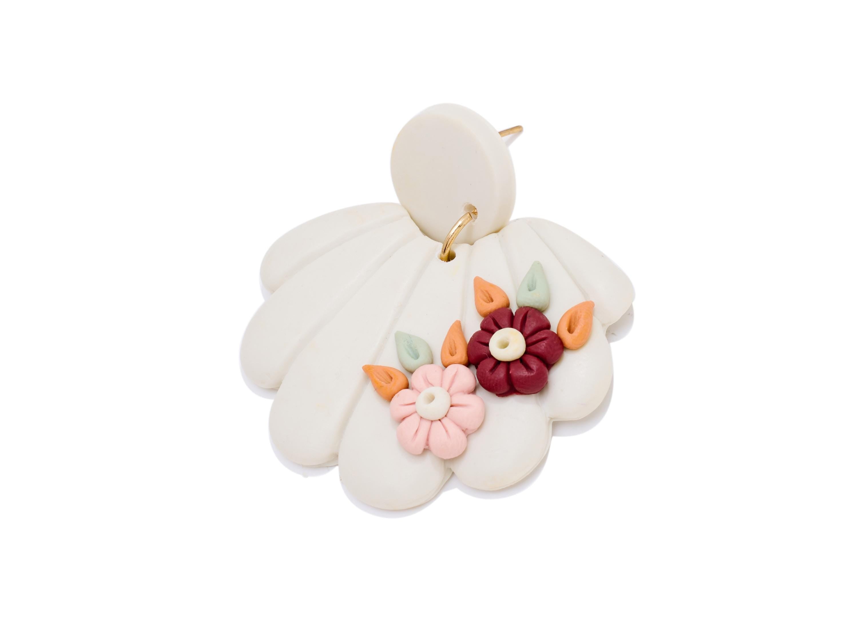 Polymer Clay Earring Stud - Shell Dangle Polymer Clay Post - Modern 3D Floral Details Jewelry - Handcrafted Stud - 44x43x6.15mm - PC2371 - DOMEDBAZAAR