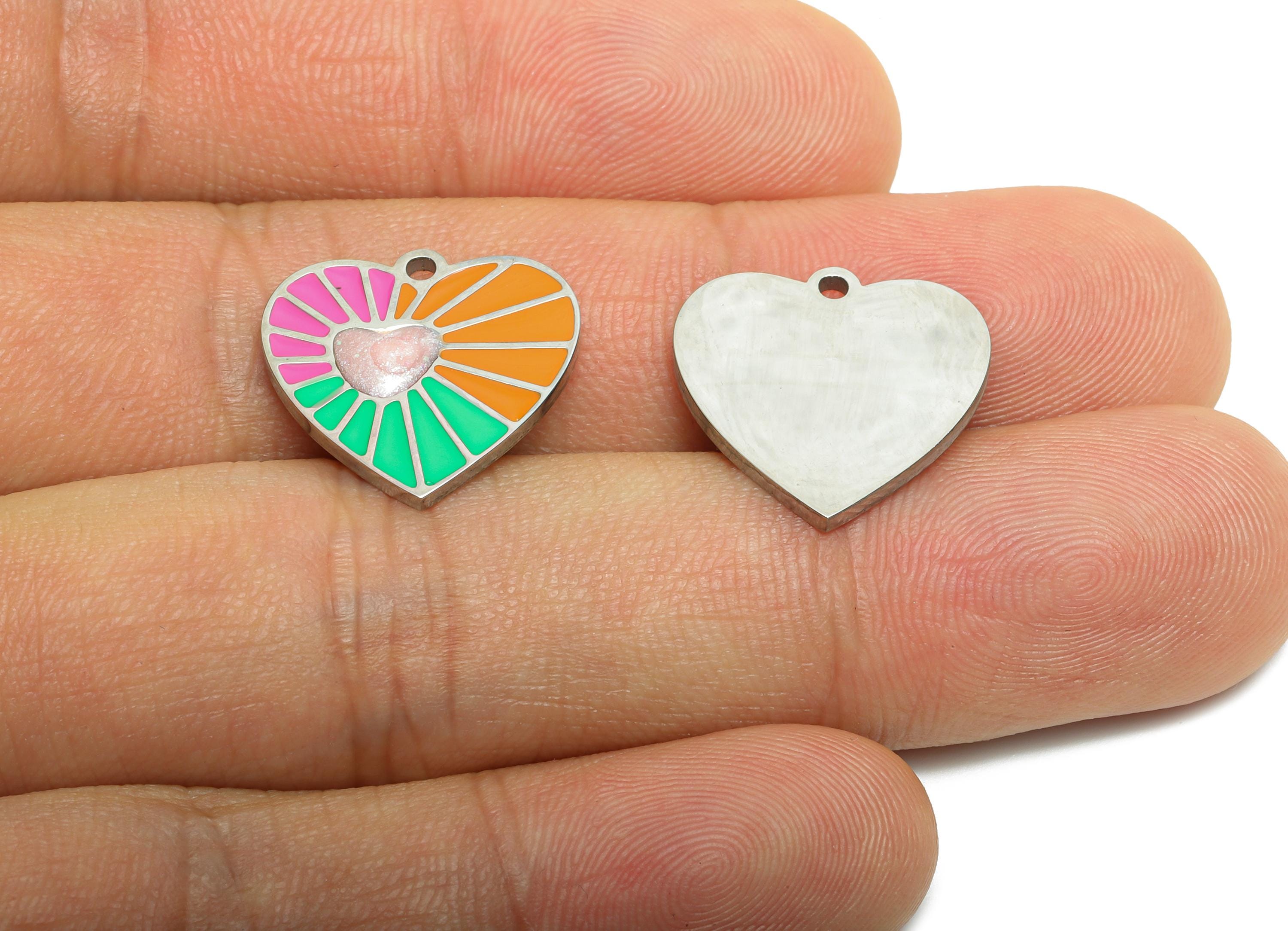 Stainless Steel Heart Charm - Bright Enamel Colorful Pendant - Sunburst Pattern Heart Pendant - Artistic Multicolor Charm - 16x17x1mm-SS1611 - DOMEDBAZAAR