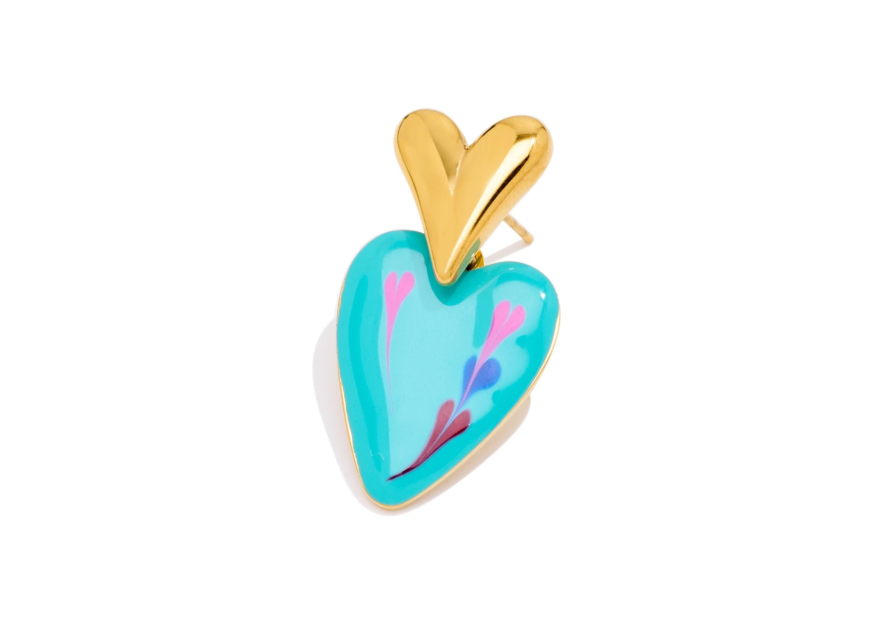 Stainless Steel Heart Stud - Steel Blue Enamel Heart Earring Post - Modern Gold Heart Jewelry - Gold Vacuum Plated - 31x15.95x2mm - SS2232 - DOMEDBAZAAR