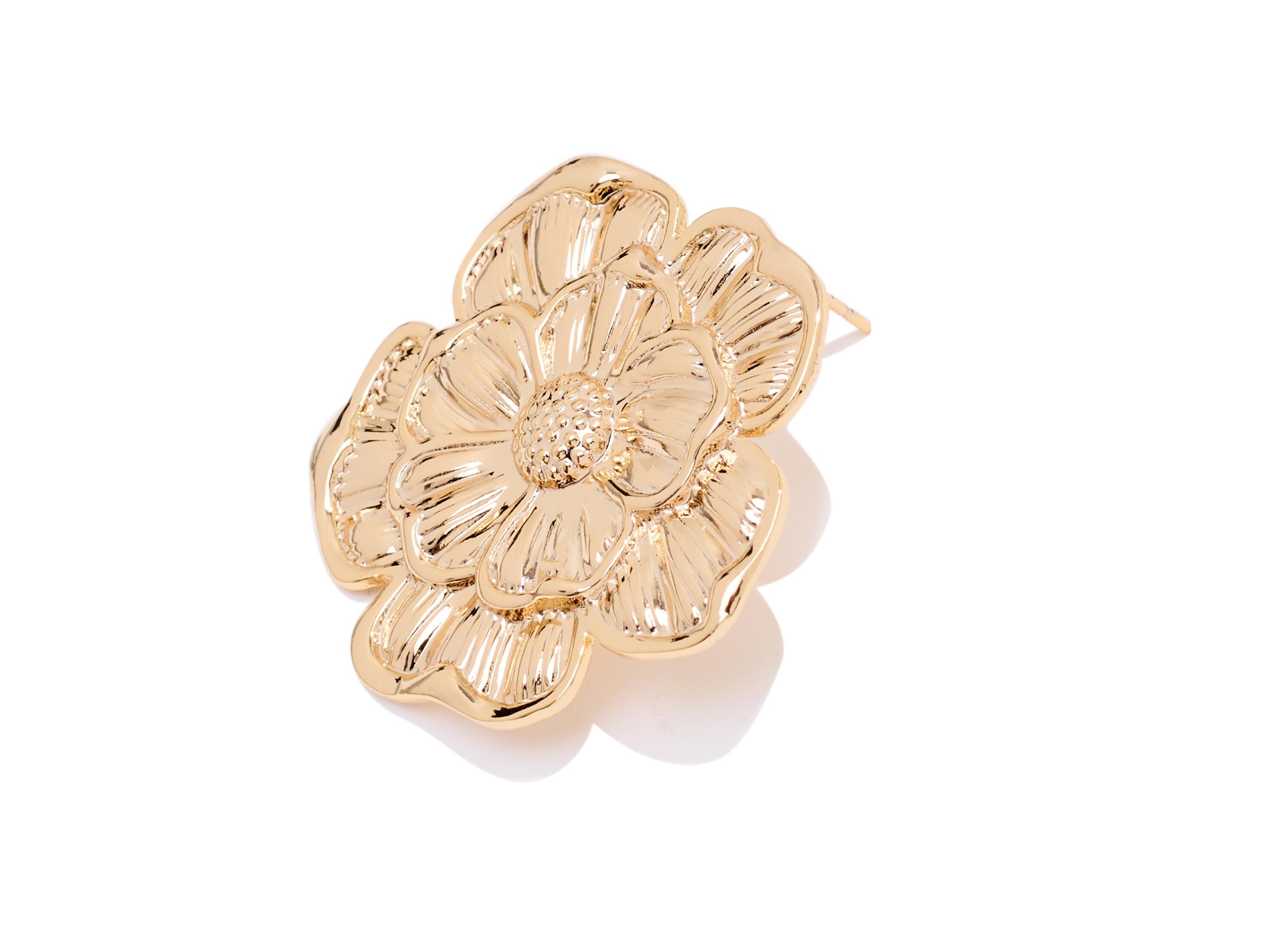 Brass Floral Earring Post - Textured Flower Botanical Earring Stud - Bold Gold Petal Jewelry - 18K Real Gold Plated - 33x32x2.35mm -RGP10417 - DOMEDBAZAAR