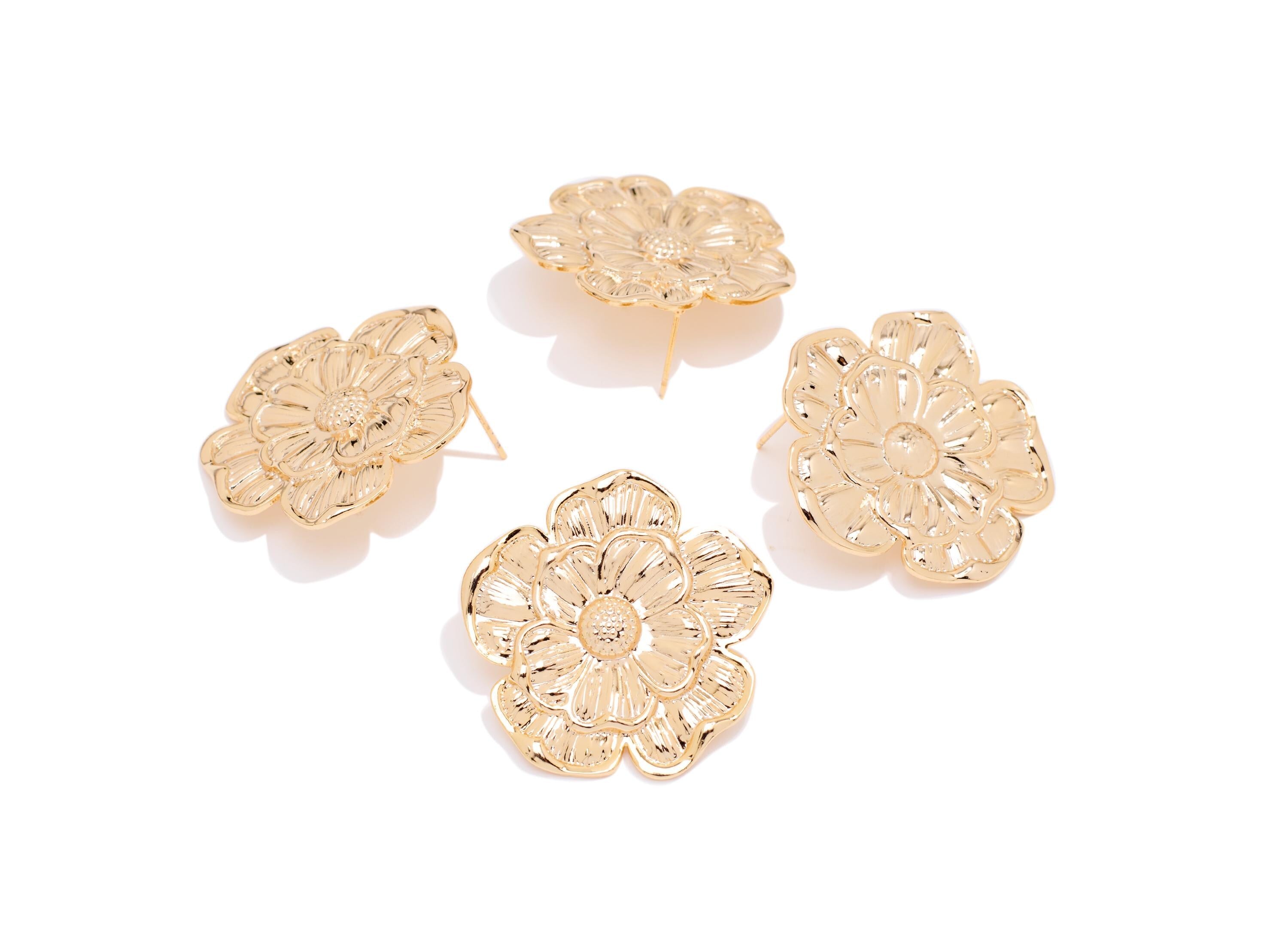 Brass Floral Earring Post - Textured Flower Botanical Earring Stud - Bold Gold Petal Jewelry - 18K Real Gold Plated - 33x32x2.35mm -RGP10417 - DOMEDBAZAAR