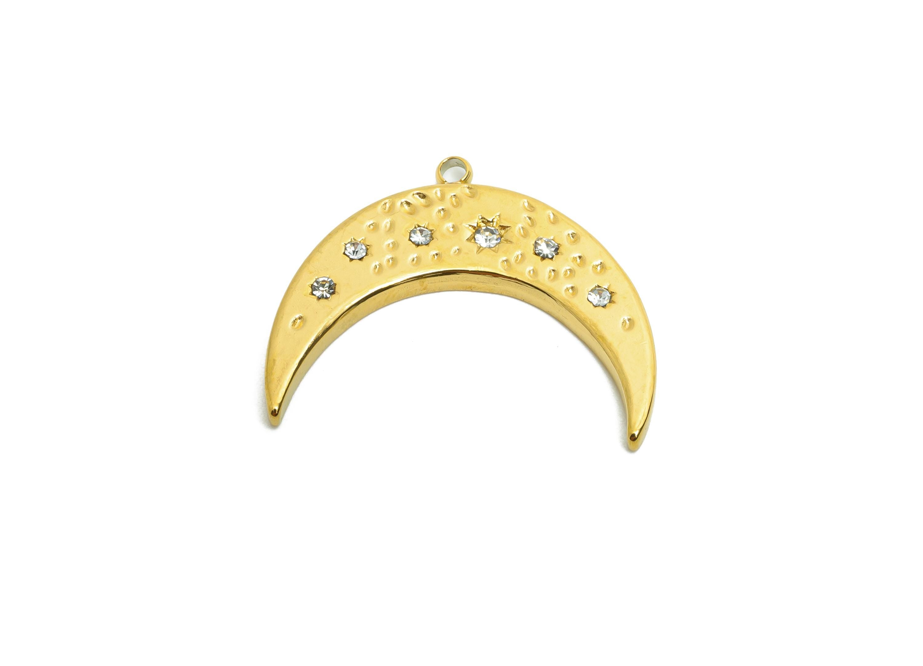 Stainless Steel Crescent Charms - Sparkling Celestial CZ Moon Pendant - 316L Stainless Steel - Steel Finding - 22.96x17.7x2.17mm - SS1610 - DOMEDBAZAAR