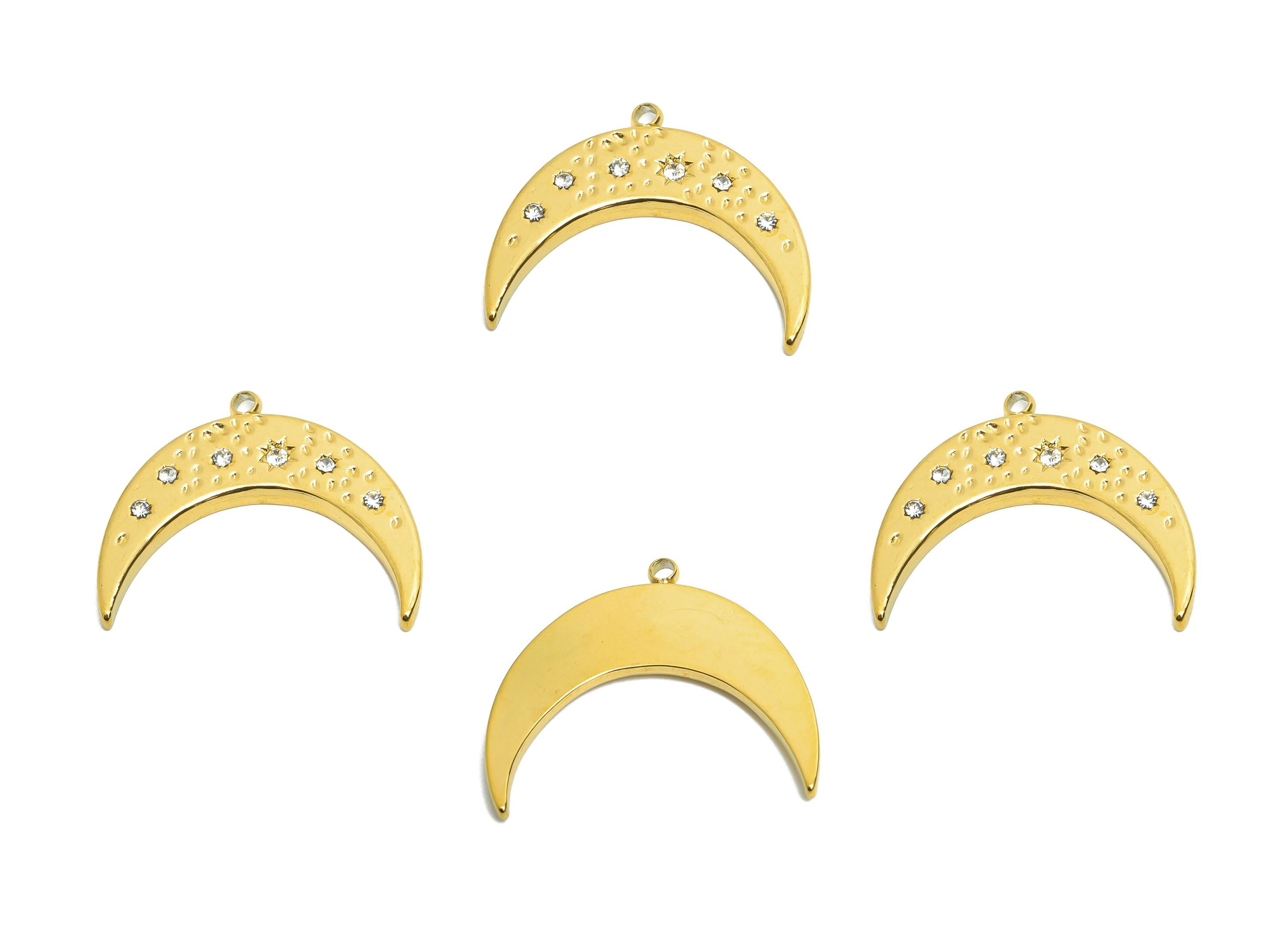 Stainless Steel Crescent Charms - Sparkling Celestial CZ Moon Pendant - 316L Stainless Steel - Steel Finding - 22.96x17.7x2.17mm - SS1610 - DOMEDBAZAAR