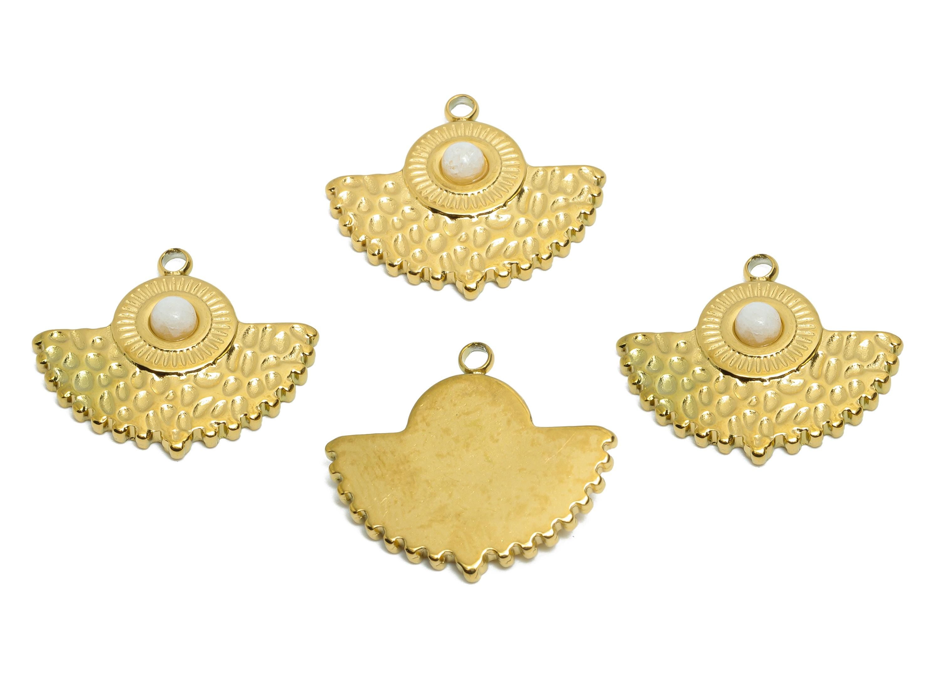 Stainless Steel Fan Charms - Hammered Winged Natural Stone Charm - Textured Fan Pendant - Minimalist Jewelry - 16.74x19.12x3.57mm - SS1612 - DOMEDBAZAAR