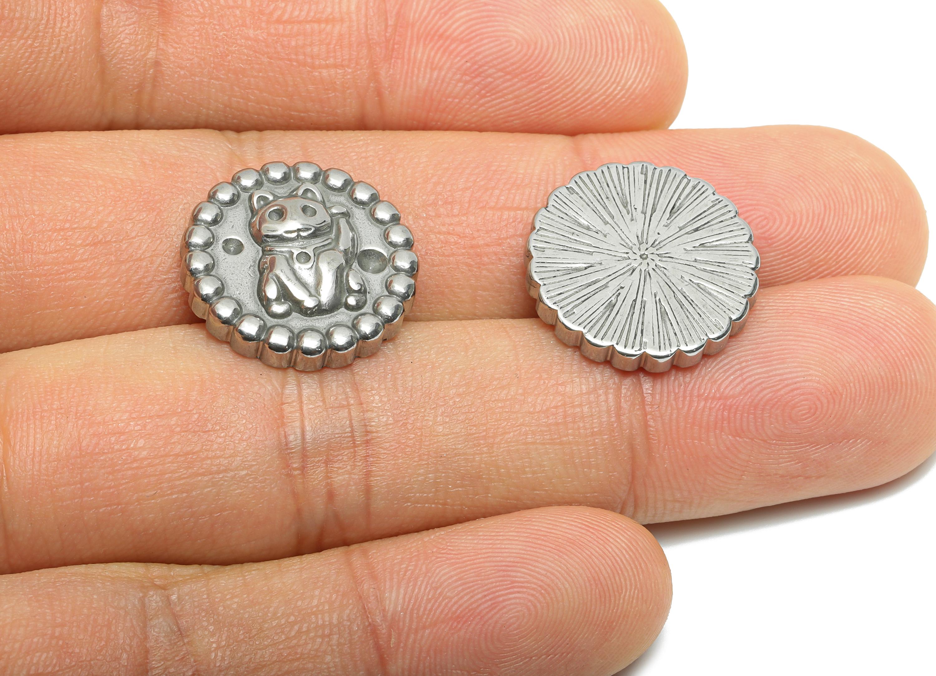 Stainless Steel Cat Charms - Asian Good Luck Symbol - Silver Token with Waving Cat - Silver Fortune Cat Design - 18x18x4.05mm - SS2065 - DOMEDBAZAAR