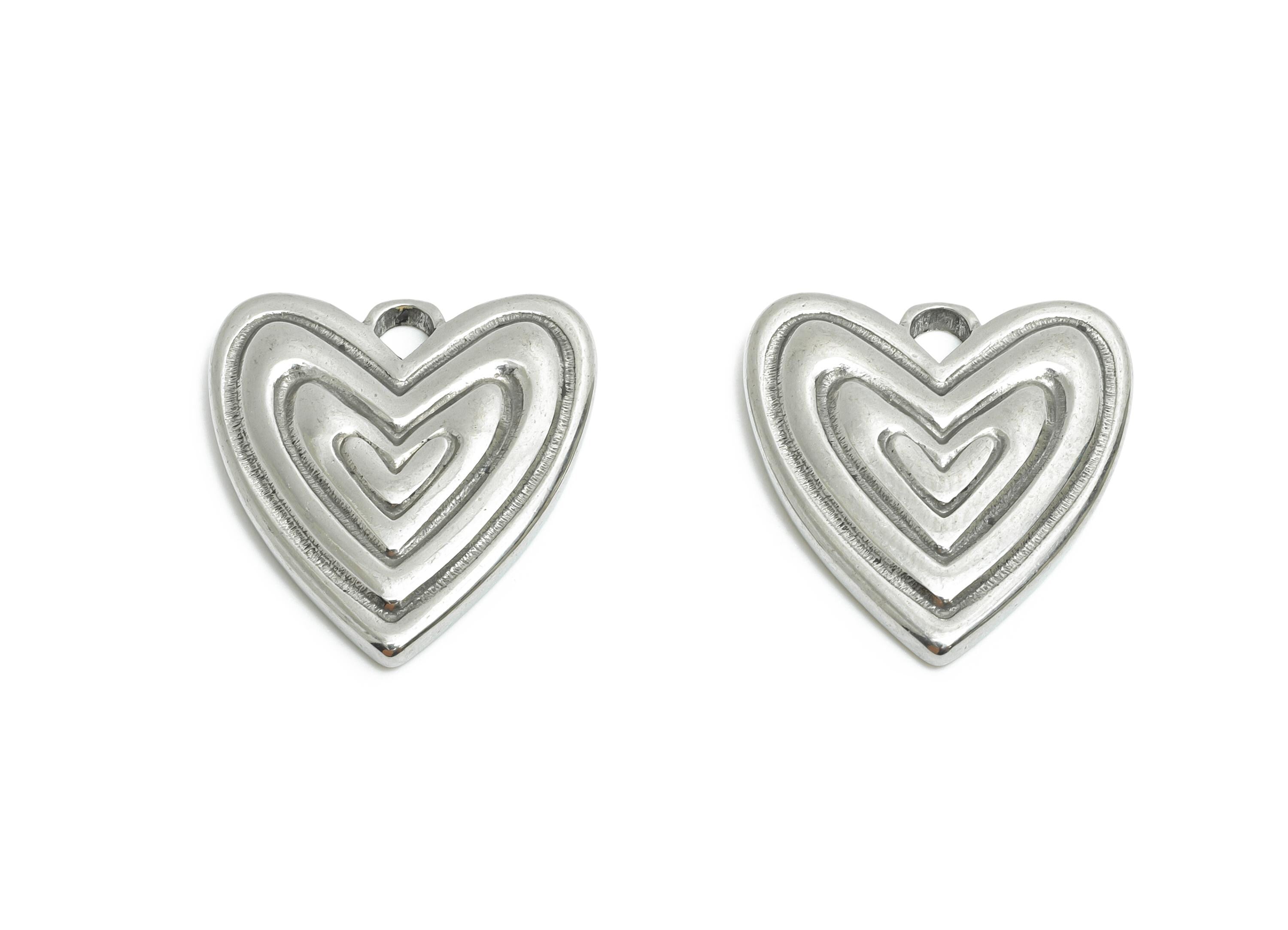 Stainless Steel Heart Charm - Layered Heart Charm - Minimalist Romantic Silver Color Pendant - Stainless Steel Jewelry - 18x17x2mm - SS2057 - DOMEDBAZAAR