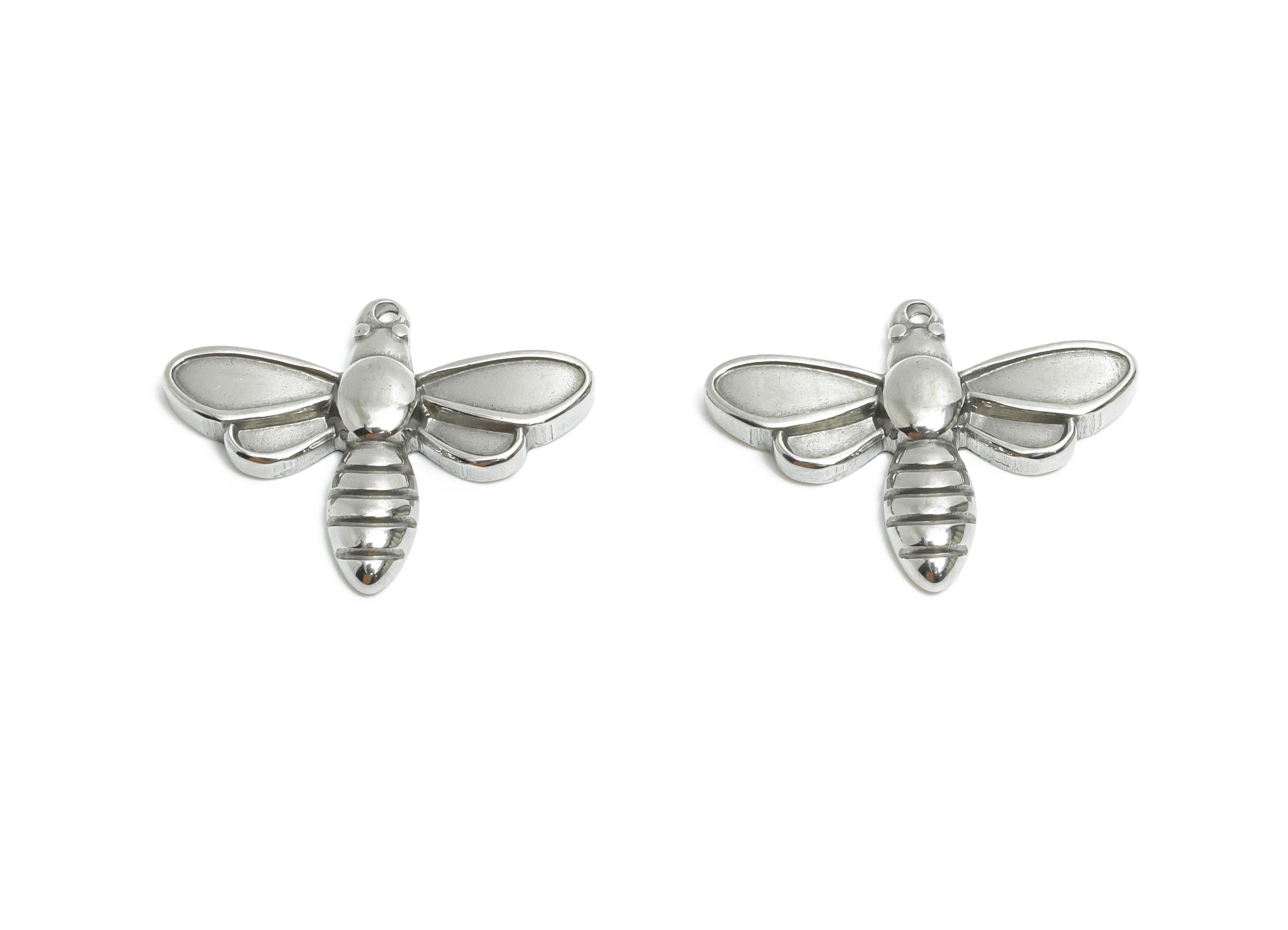 Stainless Steel Bee Charms - Modern Bee Insect Charms - Minimalist Silver Insect Pendant - Detailed Steel Jewelry - 16x20.6x2.75mm - SS1997 - DOMEDBAZAAR