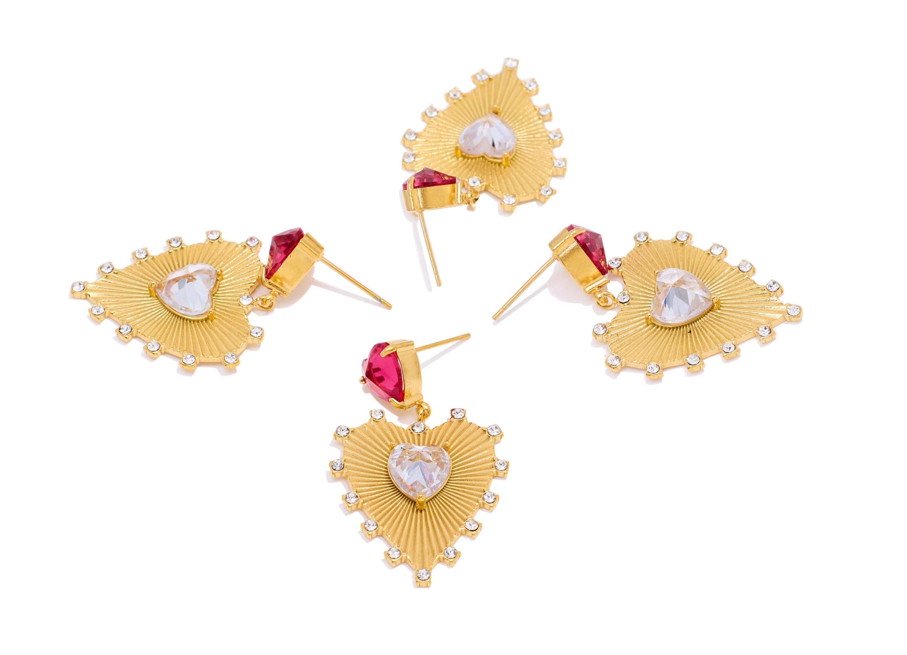 Stainless Steel Dangle Heart Stud - Gold Romantic Hanging CZ Earring Post - Steel Crystal Glass Stud - Gold Vacuum Plated -37x23x6mm -SS2236 - DOMEDBAZAAR