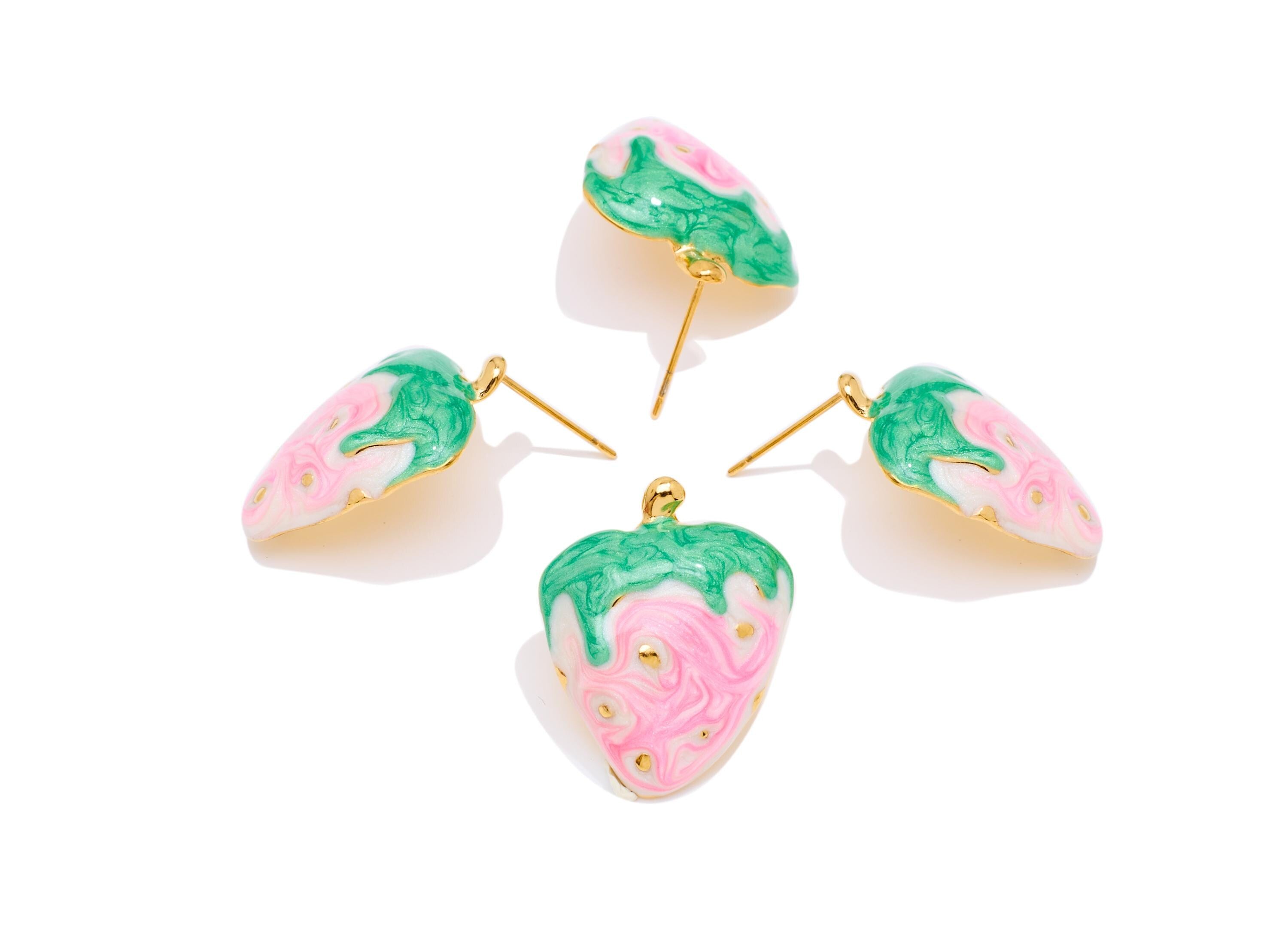 Stainless Steel Strawberry Stud - Colorful Steel Enamel Fruit Earring Post - Modern Gold Jewelry - Gold Vacuum Plated - 24x19x4mm - SS2237 - DOMEDBAZAAR