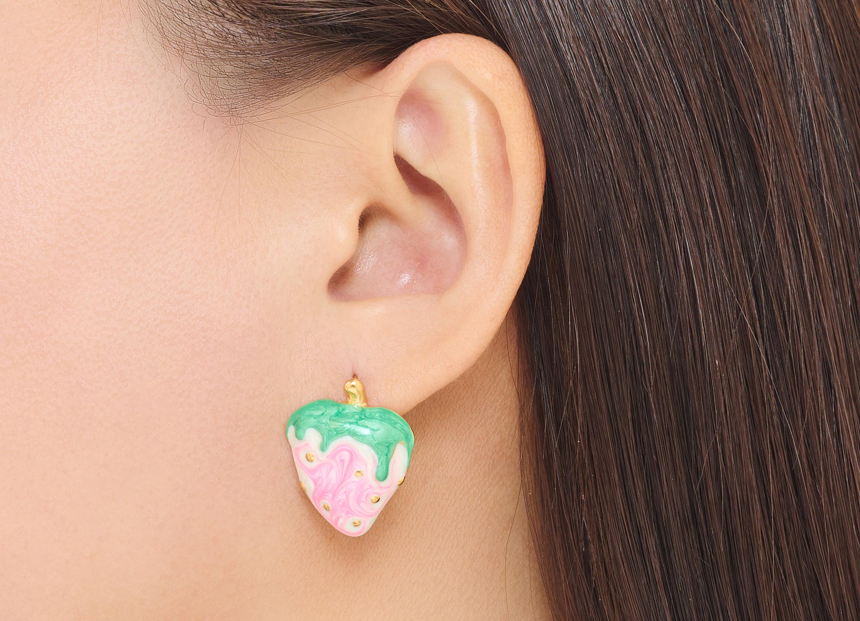 Stainless Steel Strawberry Stud - Colorful Steel Enamel Fruit Earring Post - Modern Gold Jewelry - Gold Vacuum Plated - 24x19x4mm - SS2237 - DOMEDBAZAAR
