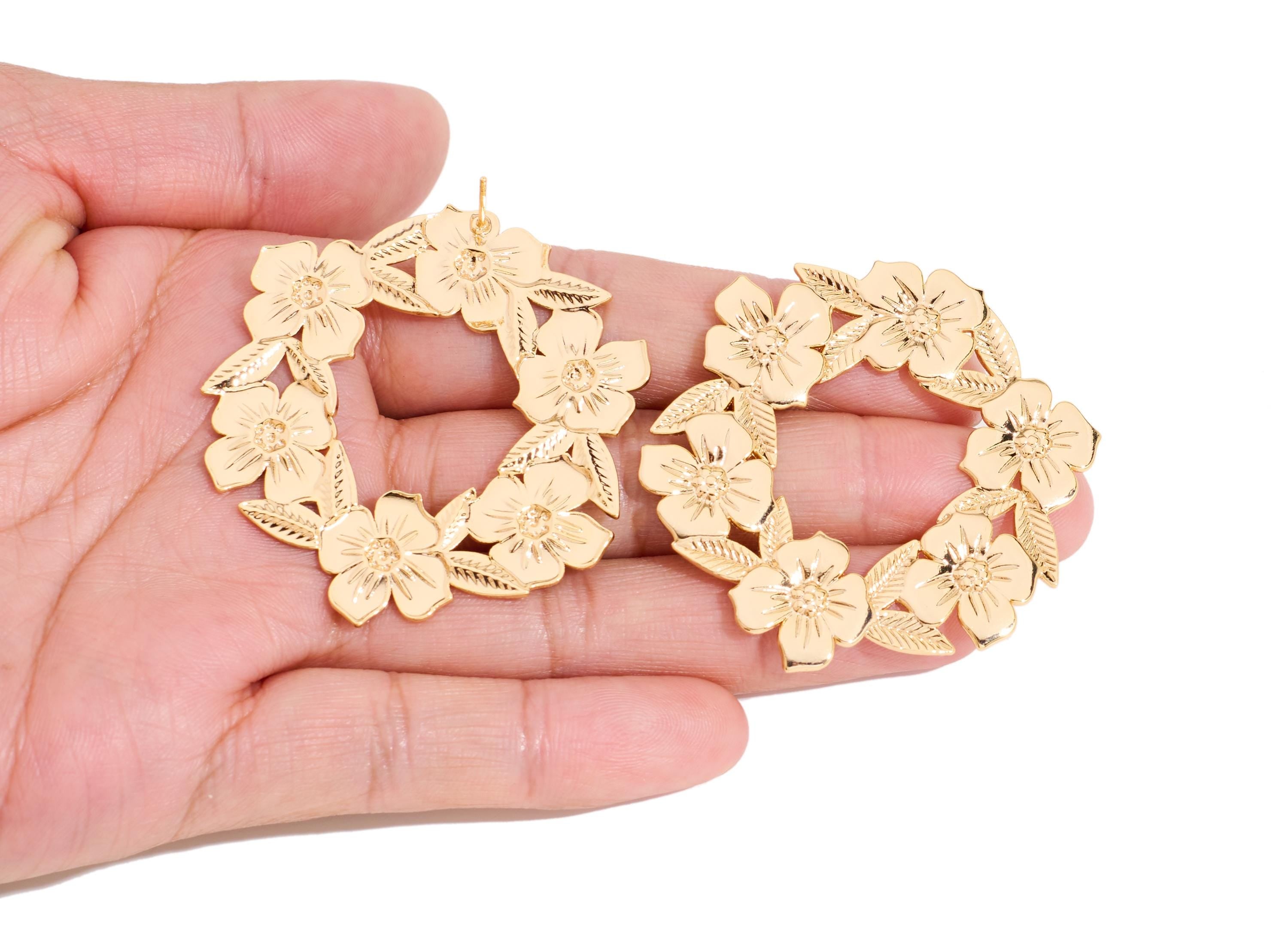 Brass Branch Hoop Earring Post - Textured Intricate Petal and Leaf Stud - Gold Botanical Jewelry - 18K Real Gold Plated - 47x44x1mm-RGP10418 - DOMEDBAZAAR