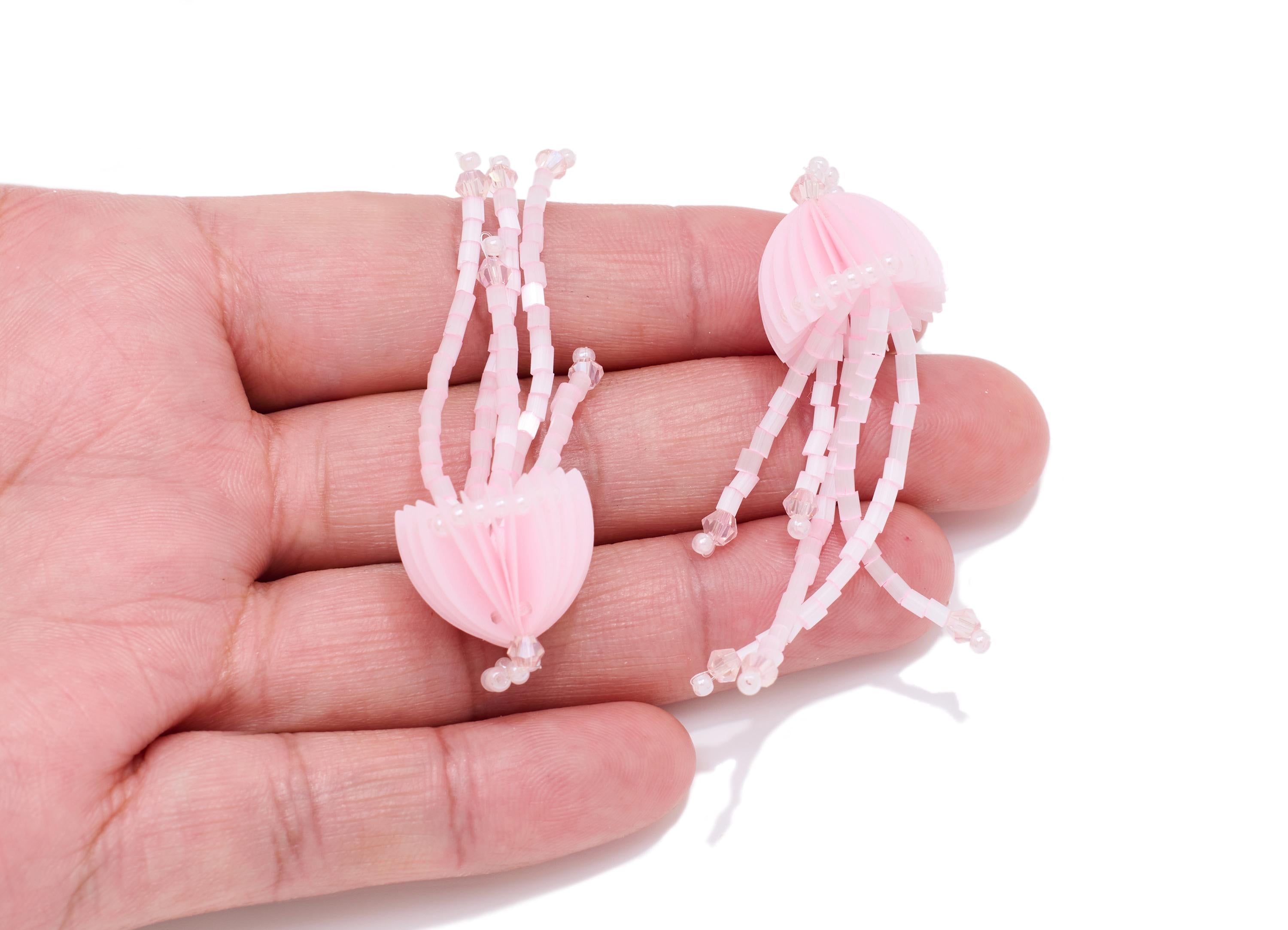 Pink Jellyfish Earring Charm - Crystal Handcrafted Jellyfish Pendant - Beaded Tentacle Charm - Marine DIY Jewelry - 61x17.8x17.2mm - AC2669A - DOMEDBAZAAR
