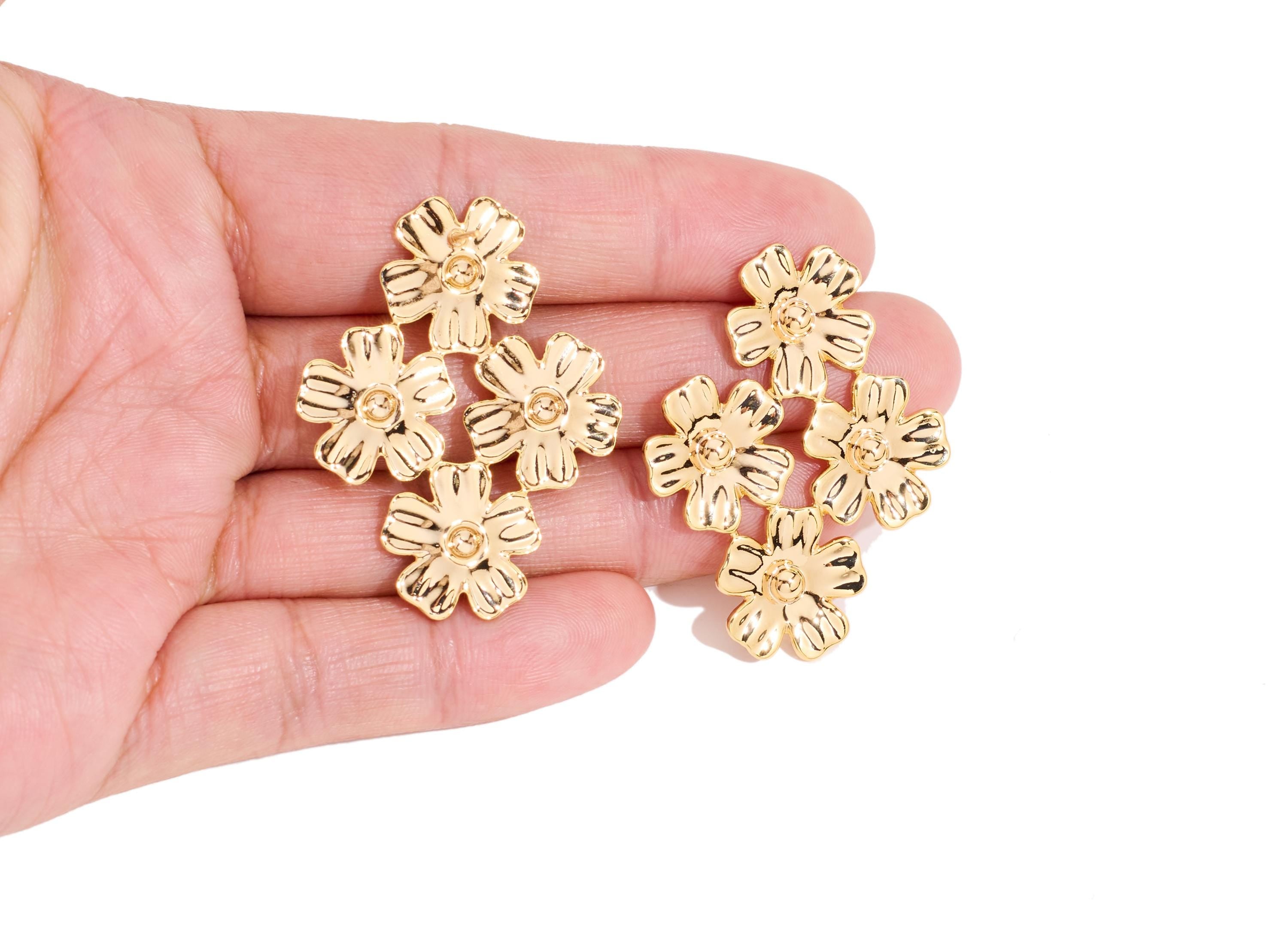Brass Floral Cluster Earring Post - Statement Gold Petal Stud - Artistic Botanical Jewelry - 18K Real Gold Plated - 41x31.7x2mm - RGP10421 - DOMEDBAZAAR