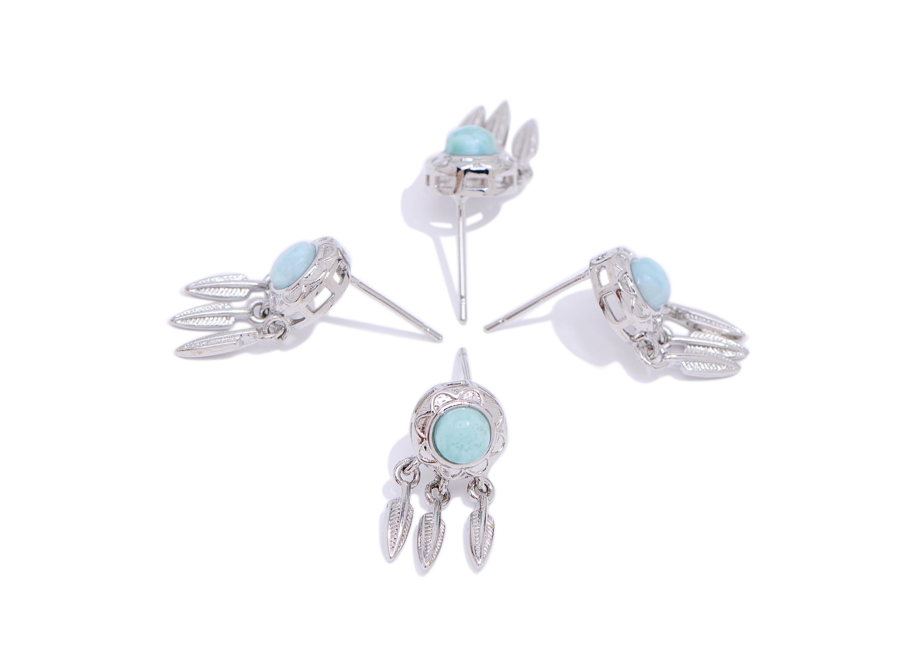 Feather Dangle Earring Stud - Silver Gemstone Earring Post - Bohemian Minimalist Dangling Jewelry -  White K Plated - 19x8x6.7mm - NS2628 - DOMEDBAZAAR