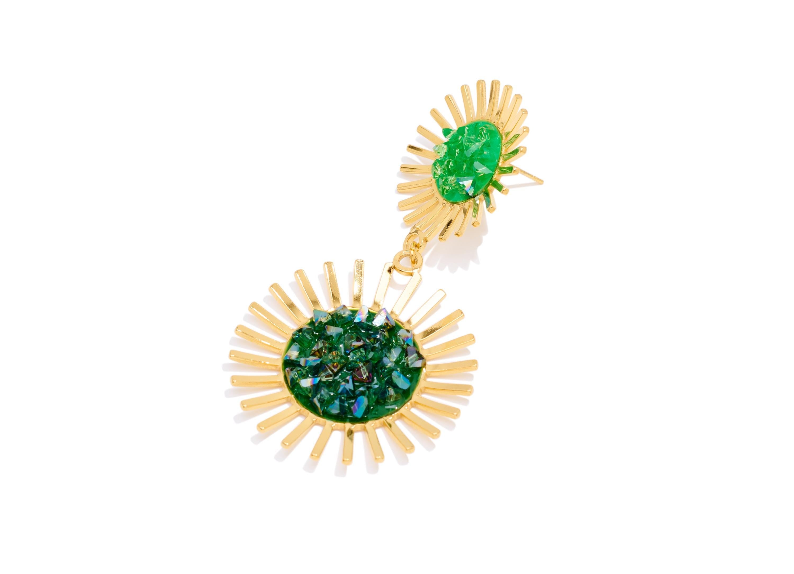Stainless Steel Dangle Sunburst Stud - Gold Druzy Hanging Double Sun Post - Bold Steel Sun Stud - Gold Vacuum Plated - 64x34x4mm - SS2229 - DOMEDBAZAAR