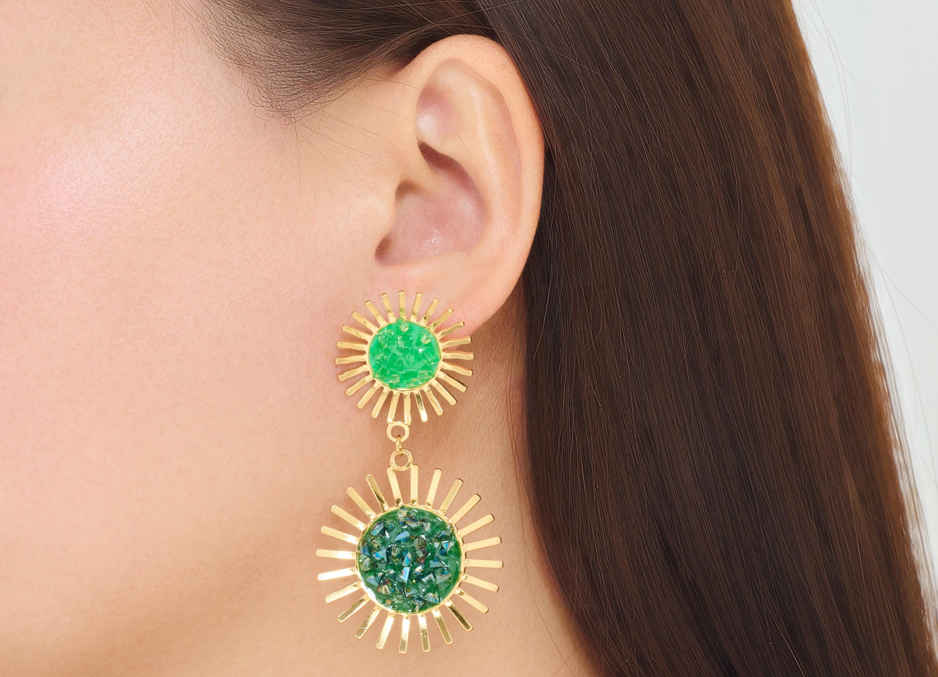 Stainless Steel Dangle Sunburst Stud - Gold Druzy Hanging Double Sun Post - Bold Steel Sun Stud - Gold Vacuum Plated - 64x34x4mm - SS2229 - DOMEDBAZAAR