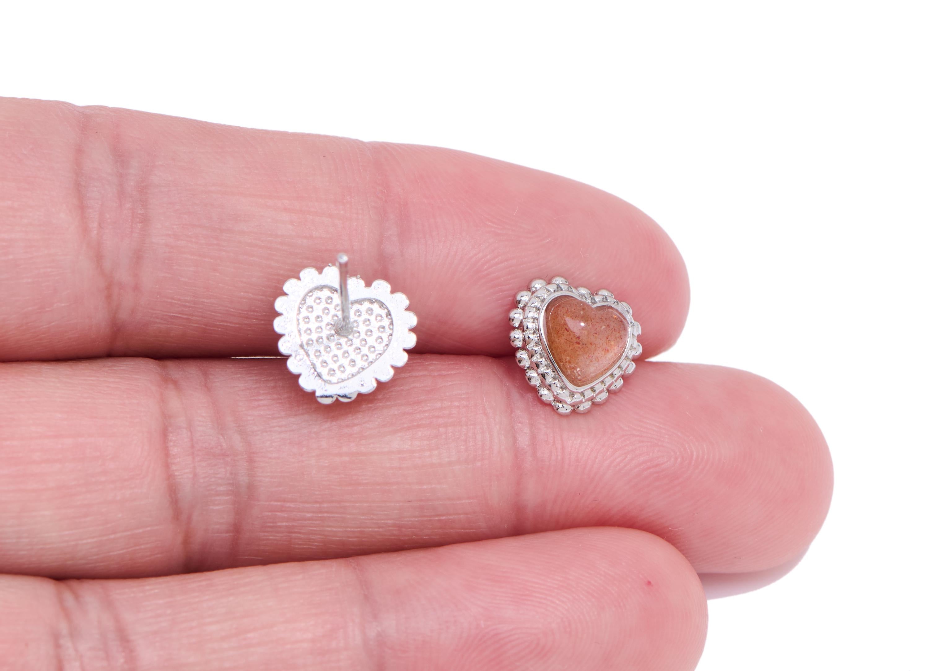 Sunstone Heart Earring Stud - Brass Sunstone Stone Handcrafted Heart Earring - Romantic Jewelry Making - White K Plated - 10x9x5mm - NS2673 - DOMEDBAZAAR