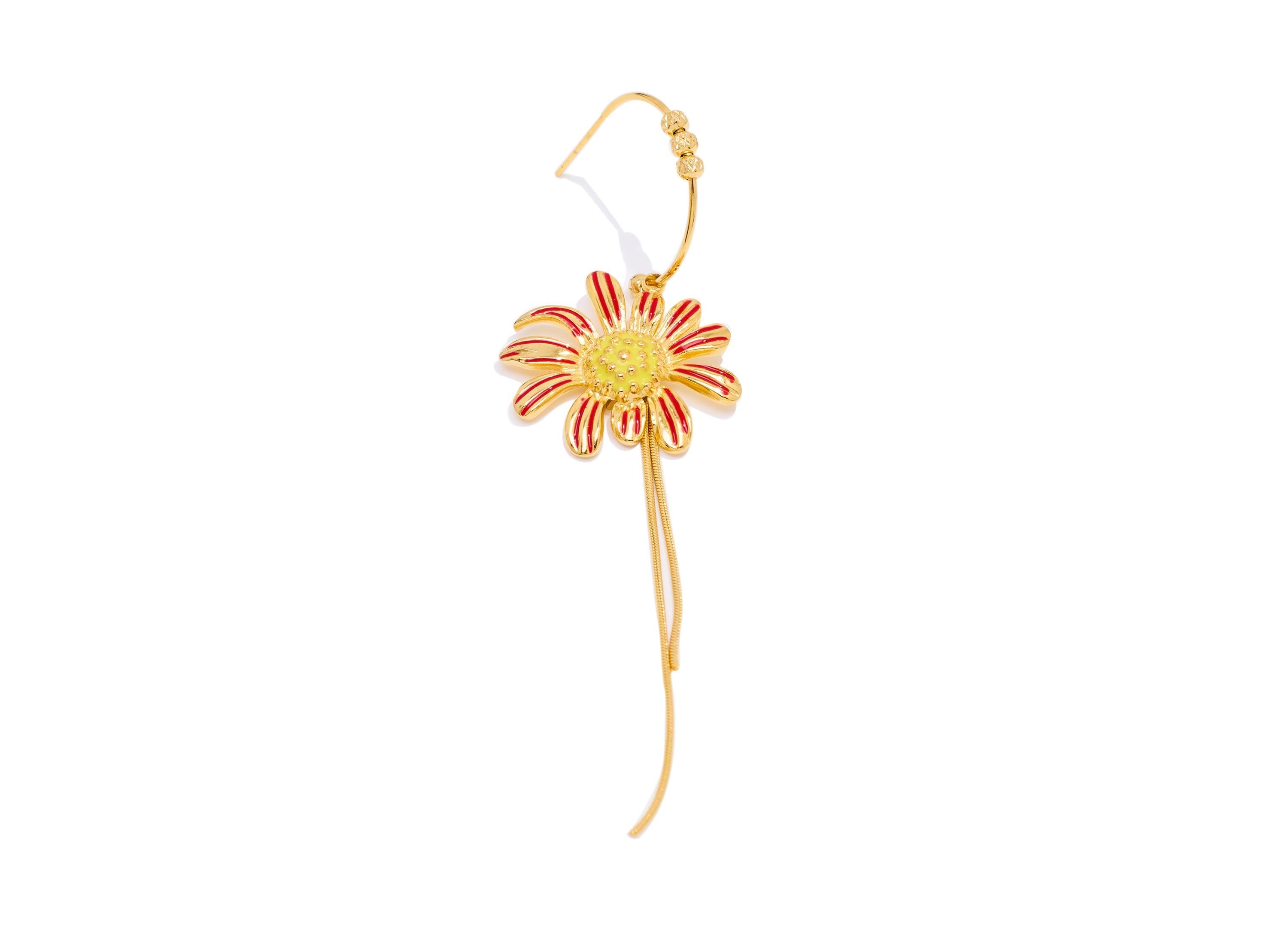 Stainless Steel Dangle Daisy Stud - Gold Enamel C Hoop Tassel Post - Statement Steel Flower Stud - Gold Vacuum Plated - 92x26x3.8mm - SS2225 - DOMEDBAZAAR