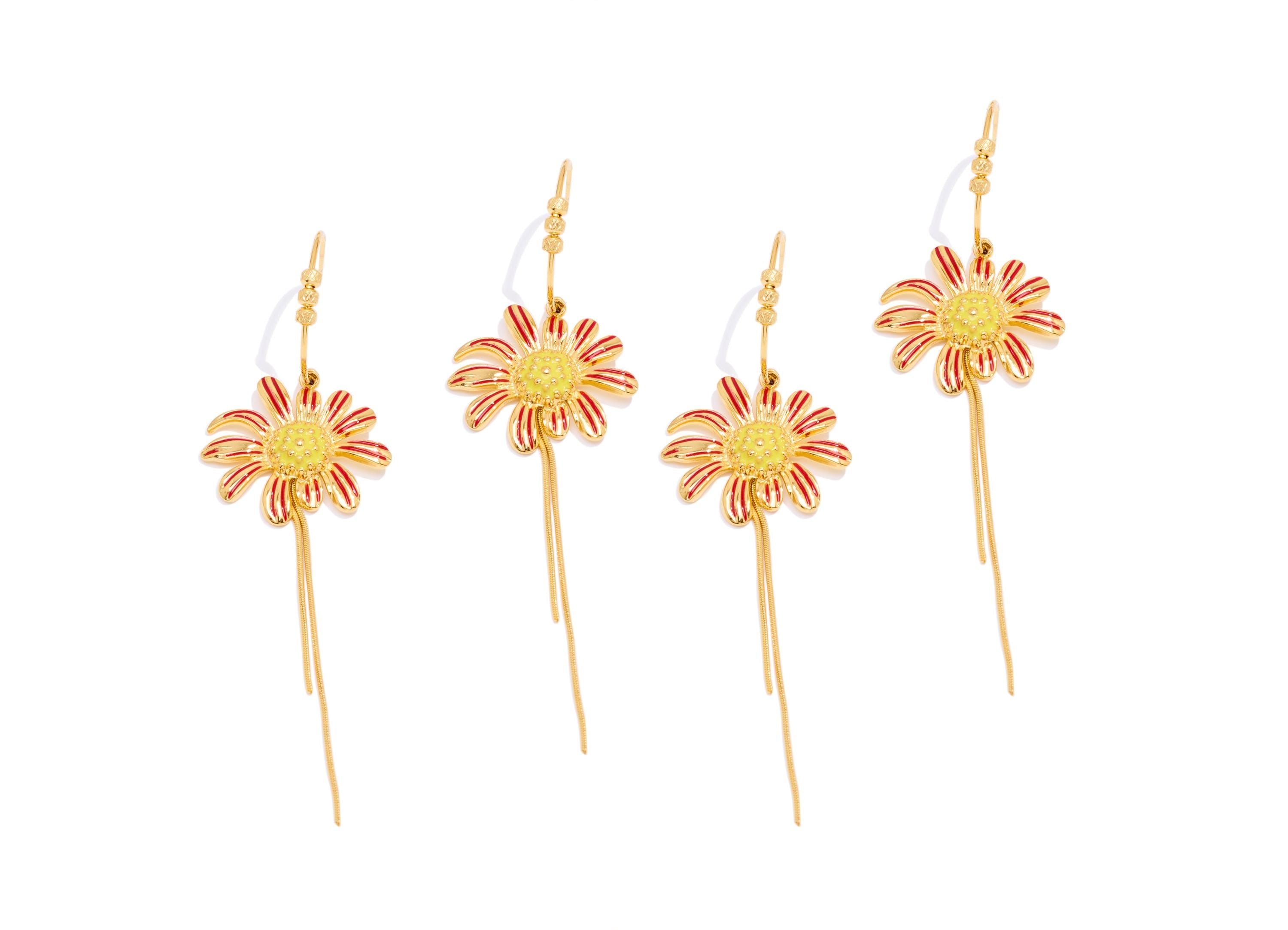 Stainless Steel Dangle Daisy Stud - Gold Enamel C Hoop Tassel Post - Statement Steel Flower Stud - Gold Vacuum Plated - 92x26x3.8mm - SS2225 - DOMEDBAZAAR