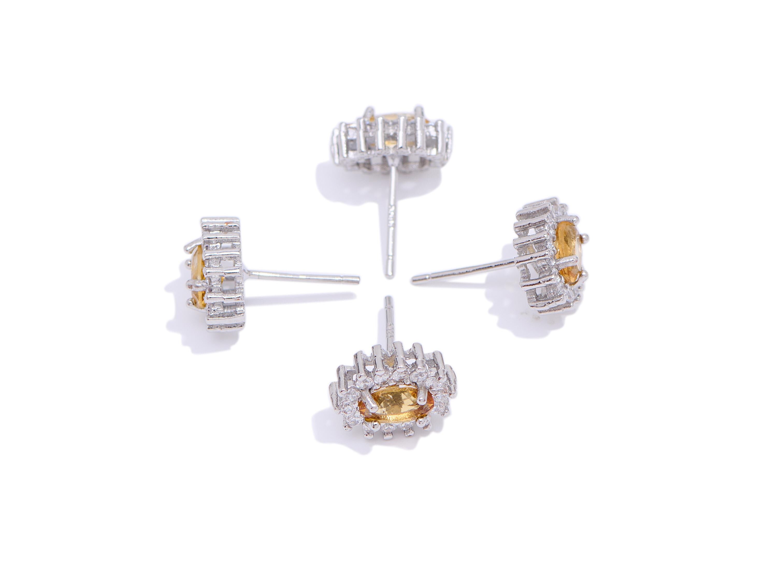 Citrine Oval Earring Stud - Brass Sparking Gem Stone Faceted Earring - Dainty Jewelry Making For Woman - White K Plated - 10x8x5mm - NS2561 - DOMEDBAZAAR