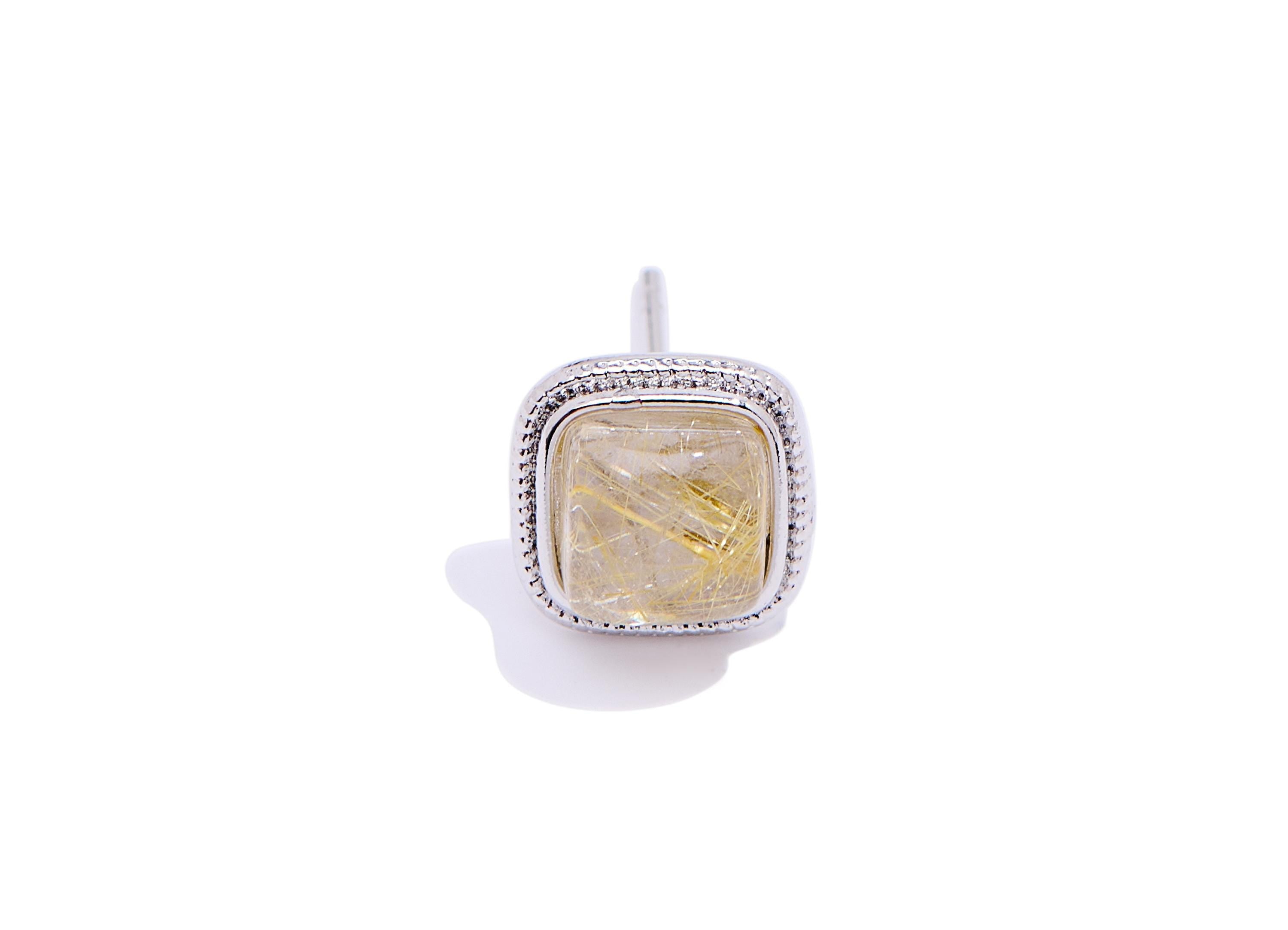 Brass Square Earring Stud - Silver Hairite Natural Gemstone Post - Petite Jewelry Making - Silver Stud - White K Plated - 8.8x8.8x5mm-NS2558 - DOMEDBAZAAR
