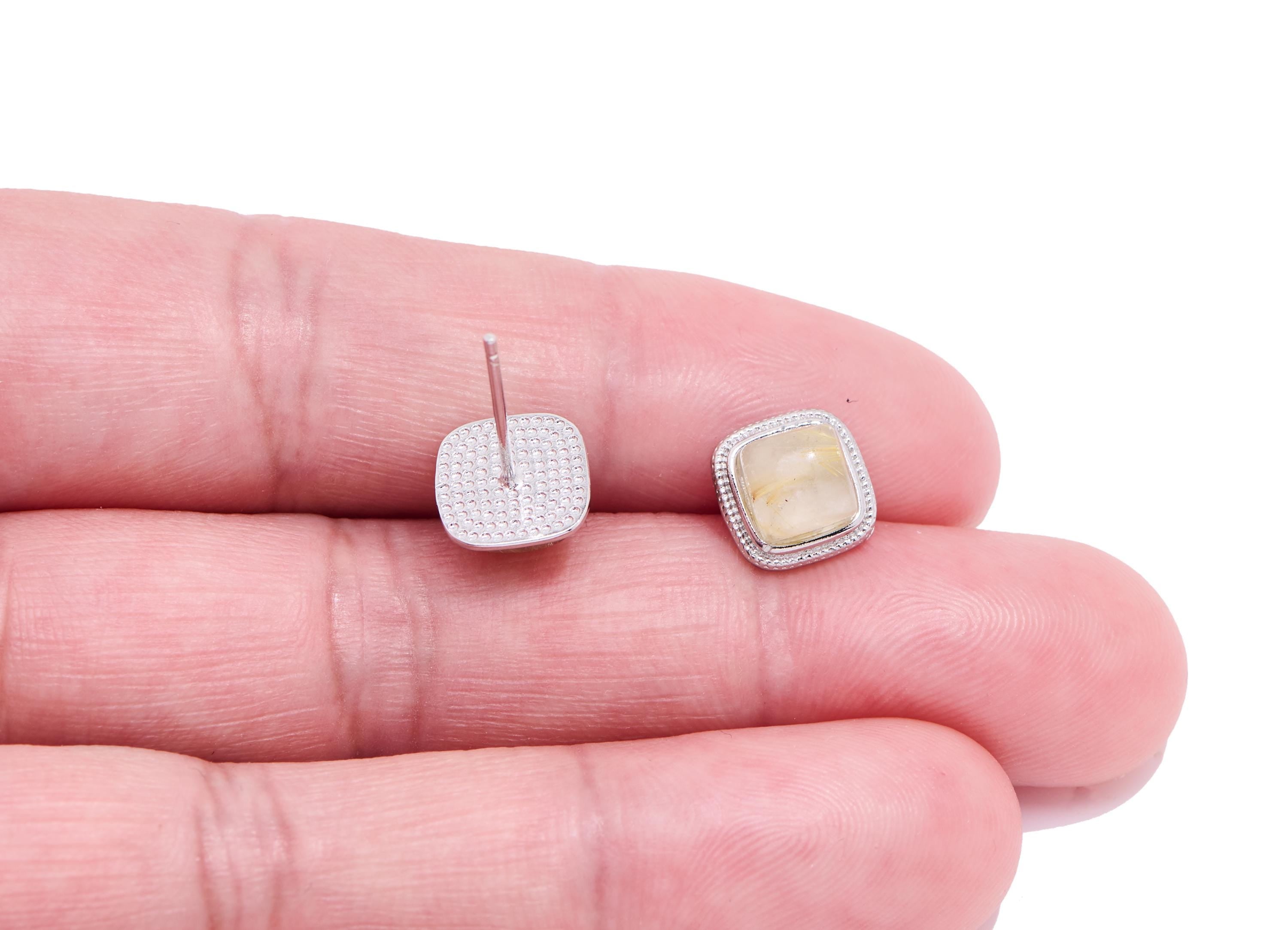 Brass Square Earring Stud - Silver Hairite Natural Gemstone Post - Petite Jewelry Making - Silver Stud - White K Plated - 8.8x8.8x5mm-NS2558 - DOMEDBAZAAR