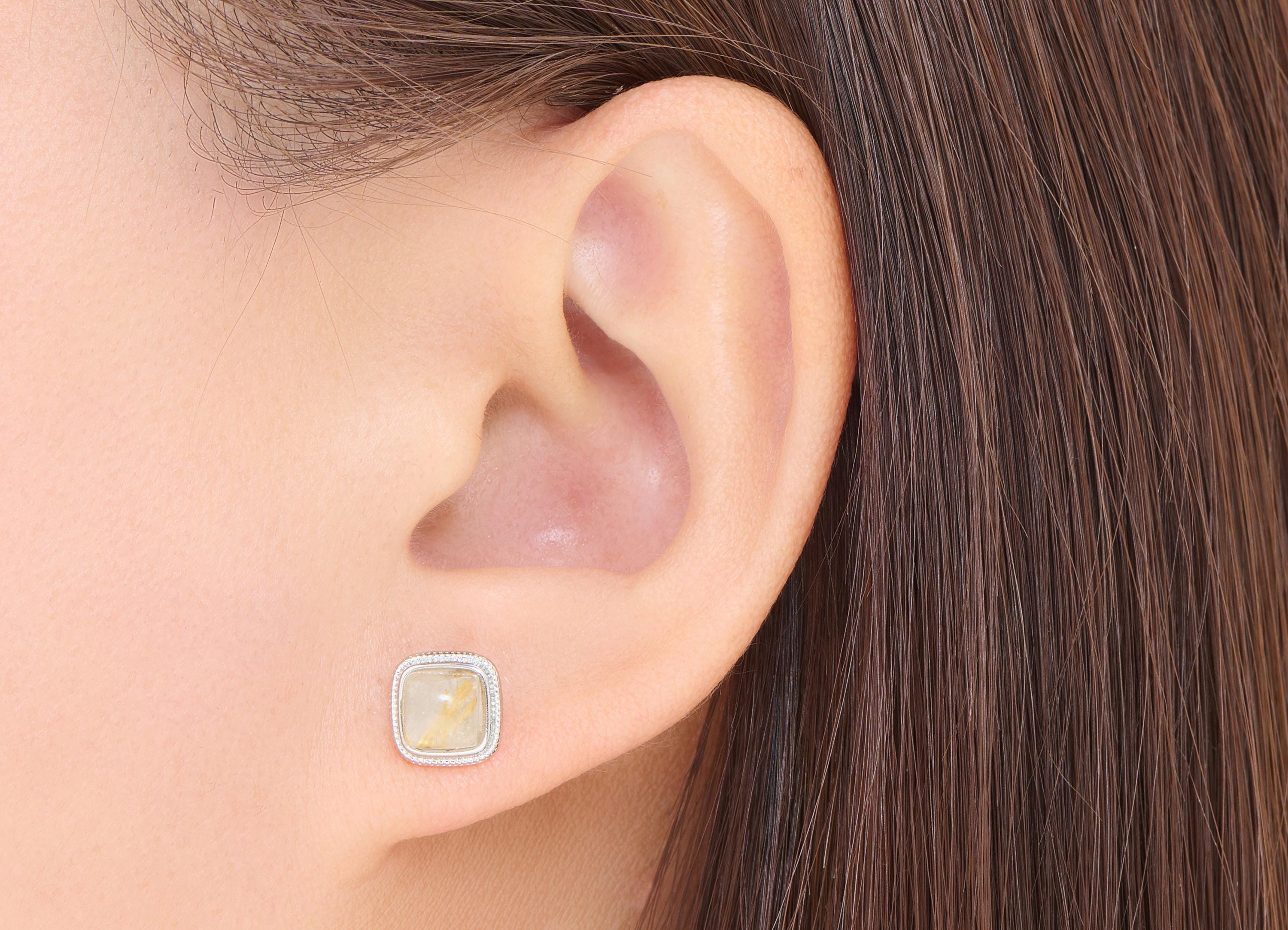 Brass Square Earring Stud - Silver Hairite Natural Gemstone Post - Petite Jewelry Making - Silver Stud - White K Plated - 8.8x8.8x5mm-NS2558 - DOMEDBAZAAR