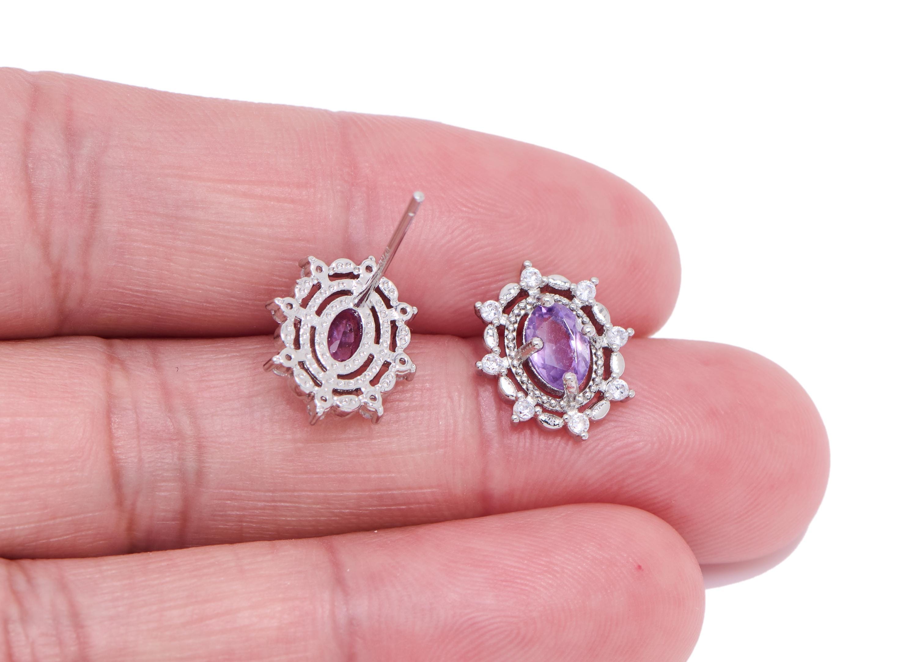 Amethyst Vintage Looking Earring Stud - Brass Sparking Gem Stone Earring - Dainty Jewelry Making - White K Plated - 13x10x3mm - NS2593 - DOMEDBAZAAR