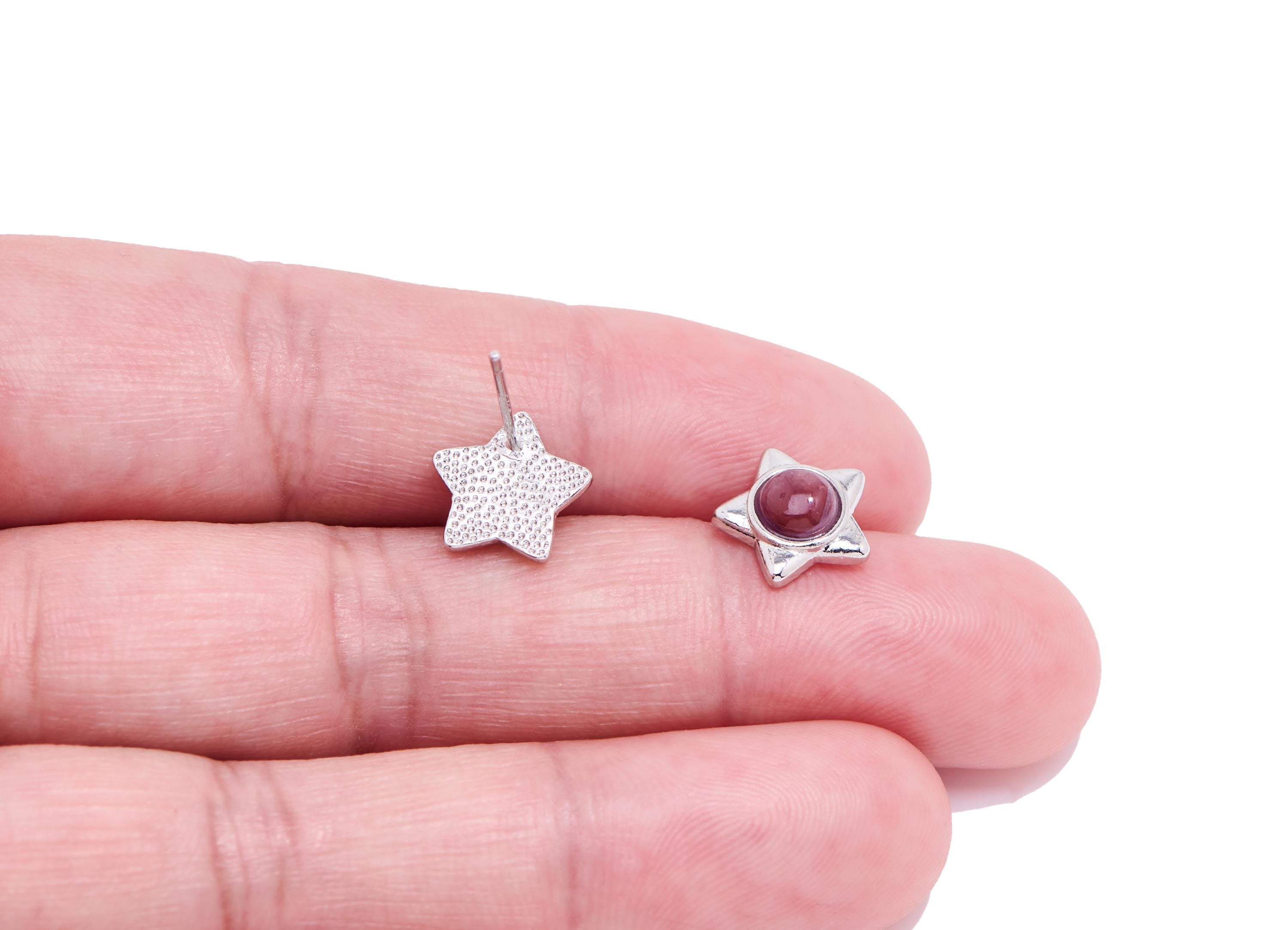 Brass Star Earring Studs - Silver Violapeptide Gemstone Post for Gift - Refined Jewelry - Silver Stud - White K Plated - 10x10x3mm - NS2564 - DOMEDBAZAAR