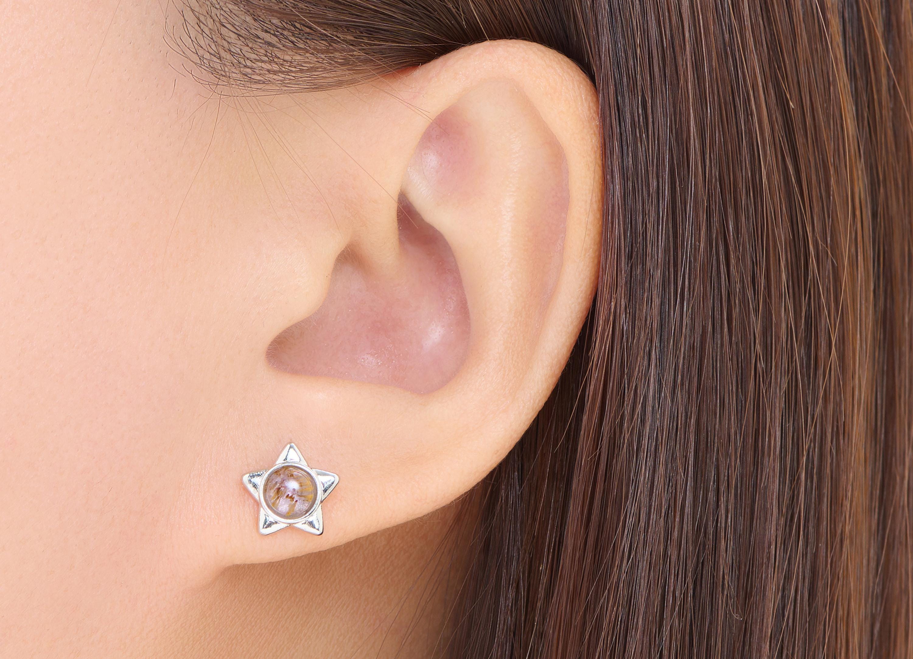 Brass Star Earring Studs - Silver Violapeptide Gemstone Post for Gift - Refined Jewelry - Silver Stud - White K Plated - 10x10x3mm - NS2564 - DOMEDBAZAAR