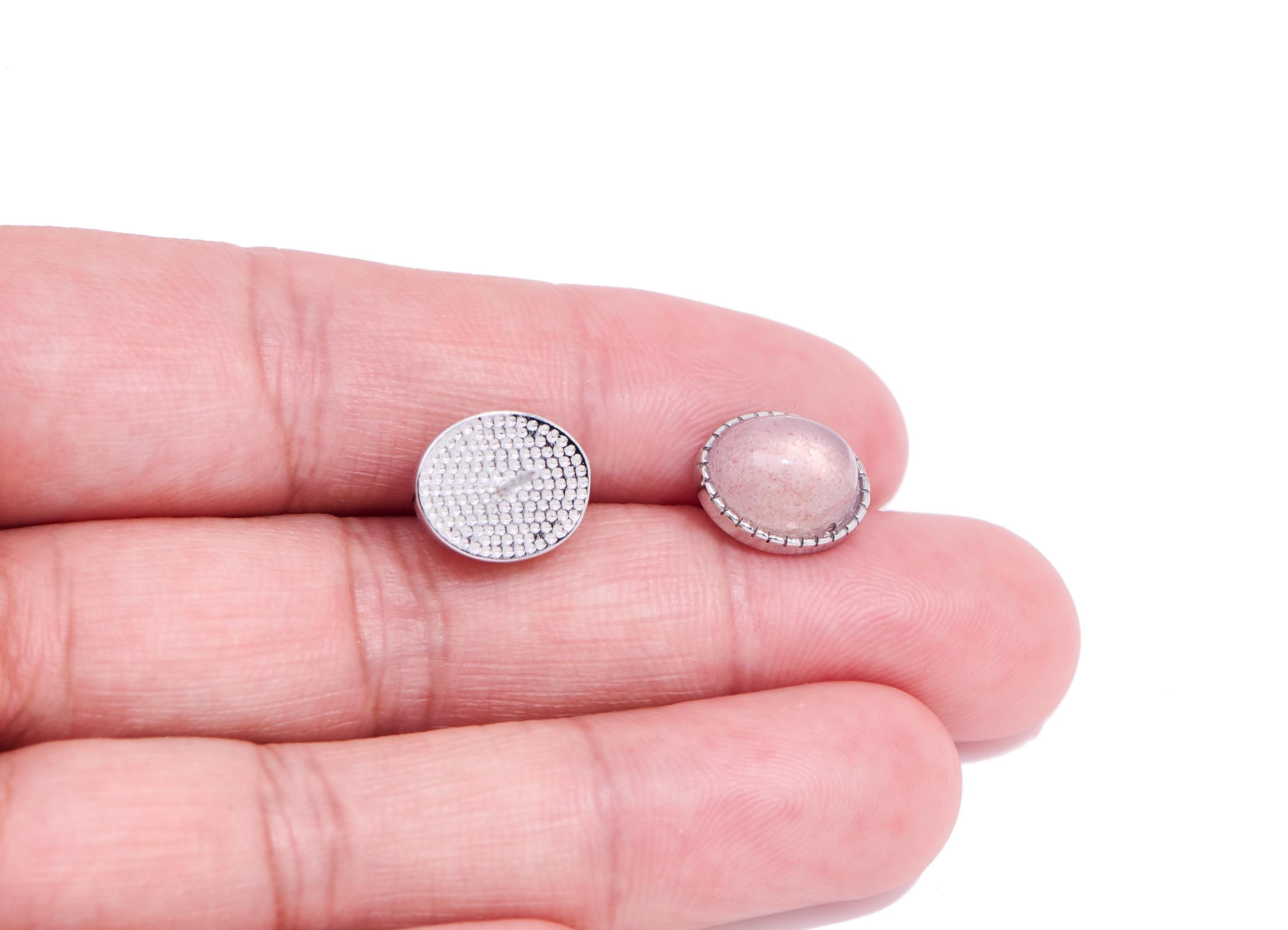 Strawberry Quartz Brass Oval Studs - Silver Gemstone Posts - Minimalist Jewelry - Silver Stud - White K Plated - 11.3x9.71x6.2mm - NS2585 - DOMEDBAZAAR