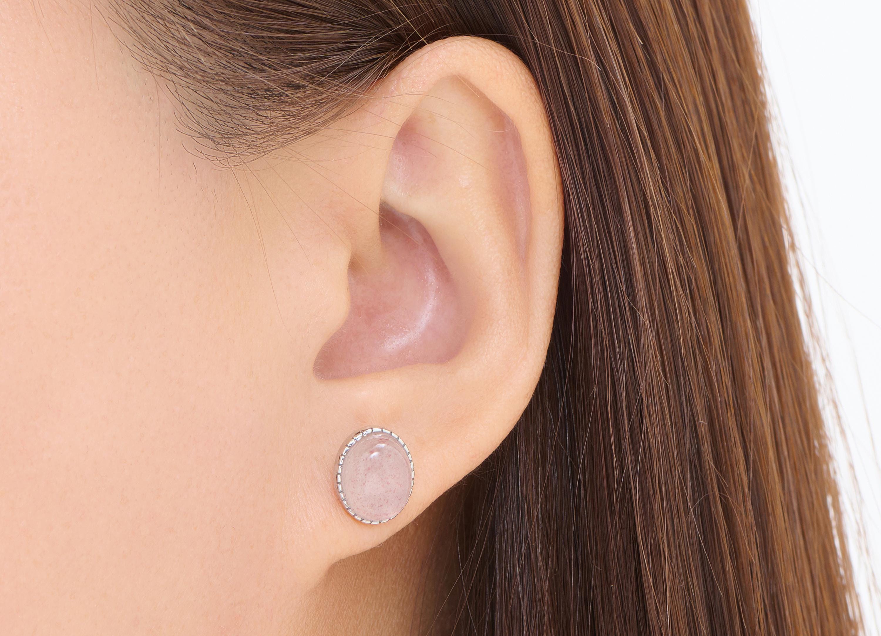 Strawberry Quartz Brass Oval Studs - Silver Gemstone Posts - Minimalist Jewelry - Silver Stud - White K Plated - 11.3x9.71x6.2mm - NS2585 - DOMEDBAZAAR