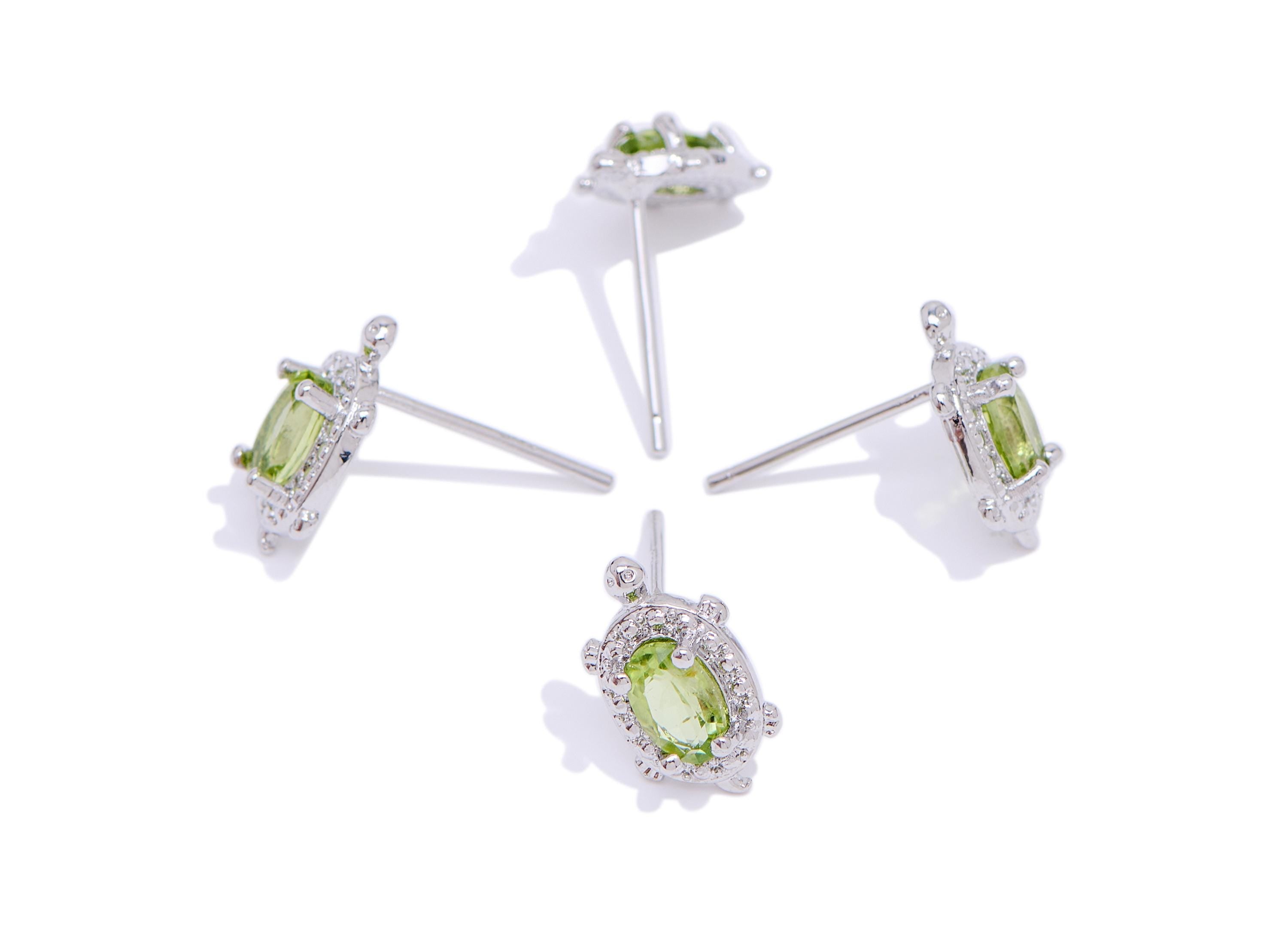 Olivine Turtle Earring Stud - Brass Natural Stone Cute Earring Post - Dainty Everyday Wear Jewelry Making - White K Plated - 12x7x3mm-NS2609 - DOMEDBAZAAR