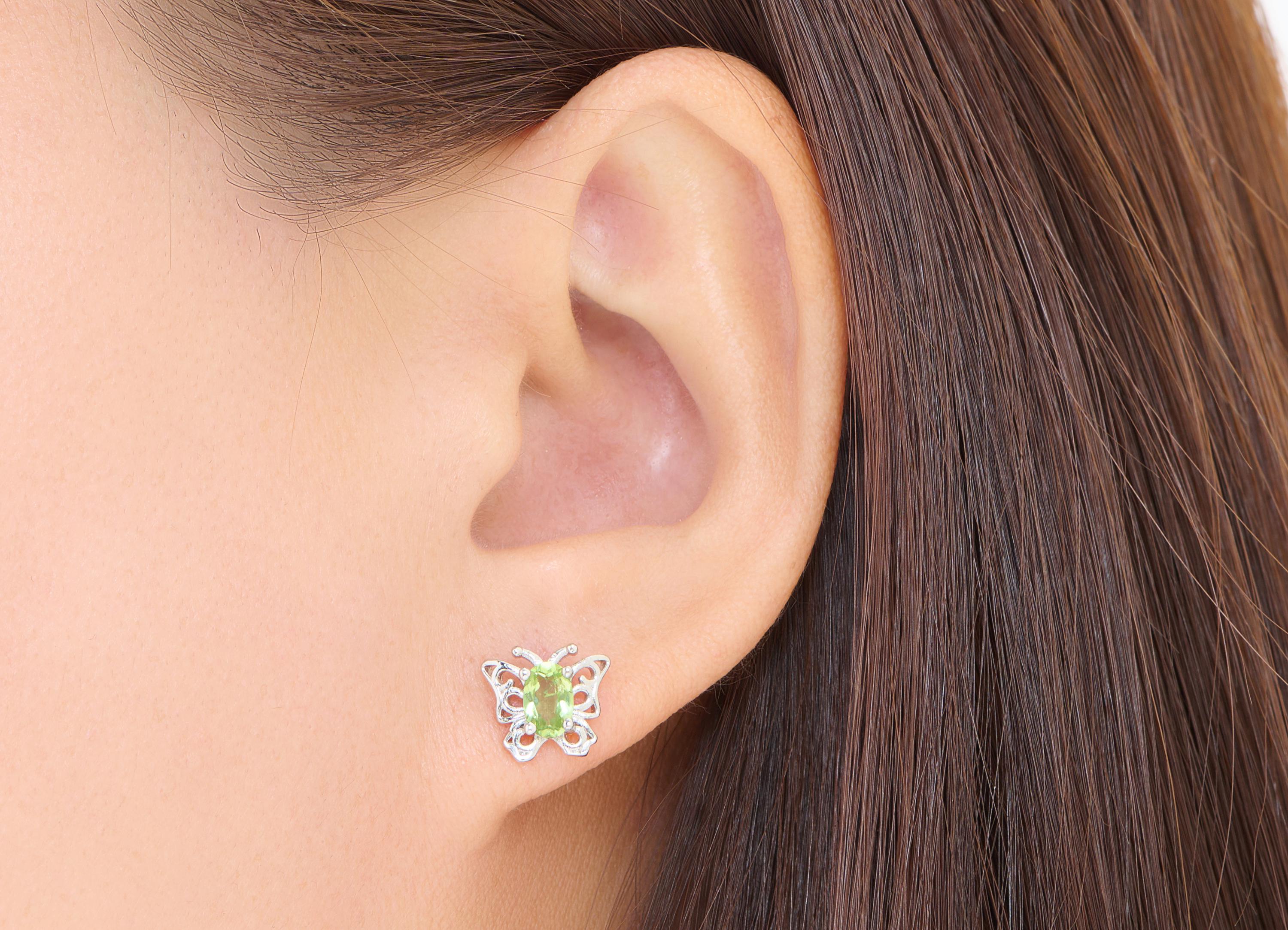 Olivine Butterfly Earring Stud - Brass Natural Stone Cute Earring Post - Everyday Wear Jewelry Making - White K Plated - 10x9x3mm - NS2612 - DOMEDBAZAAR