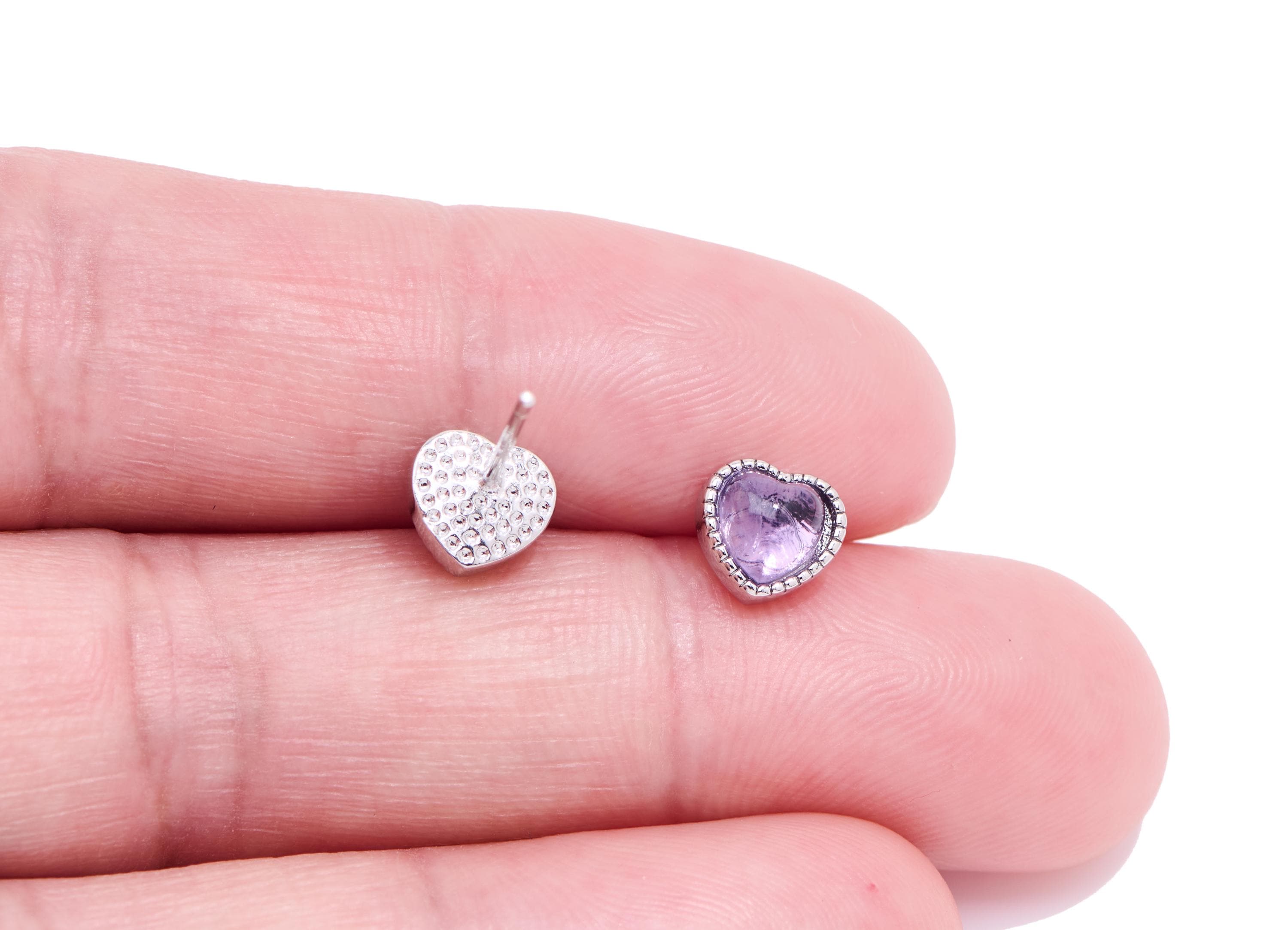 Amethyst Brass Heart Studs - Heart Natural Stone Earring Posts - Romantic Jewelry - Silver Stud - White K Plated - 6.82x6.44x4mm - NS2645 - DOMEDBAZAAR