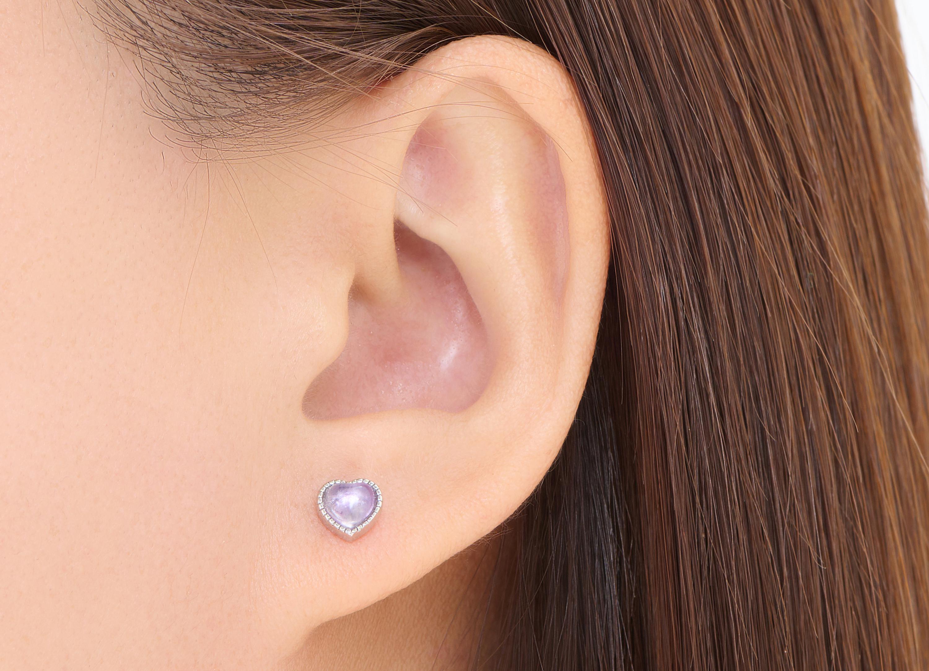 Amethyst Brass Heart Studs - Heart Natural Stone Earring Posts - Romantic Jewelry - Silver Stud - White K Plated - 6.82x6.44x4mm - NS2645 - DOMEDBAZAAR