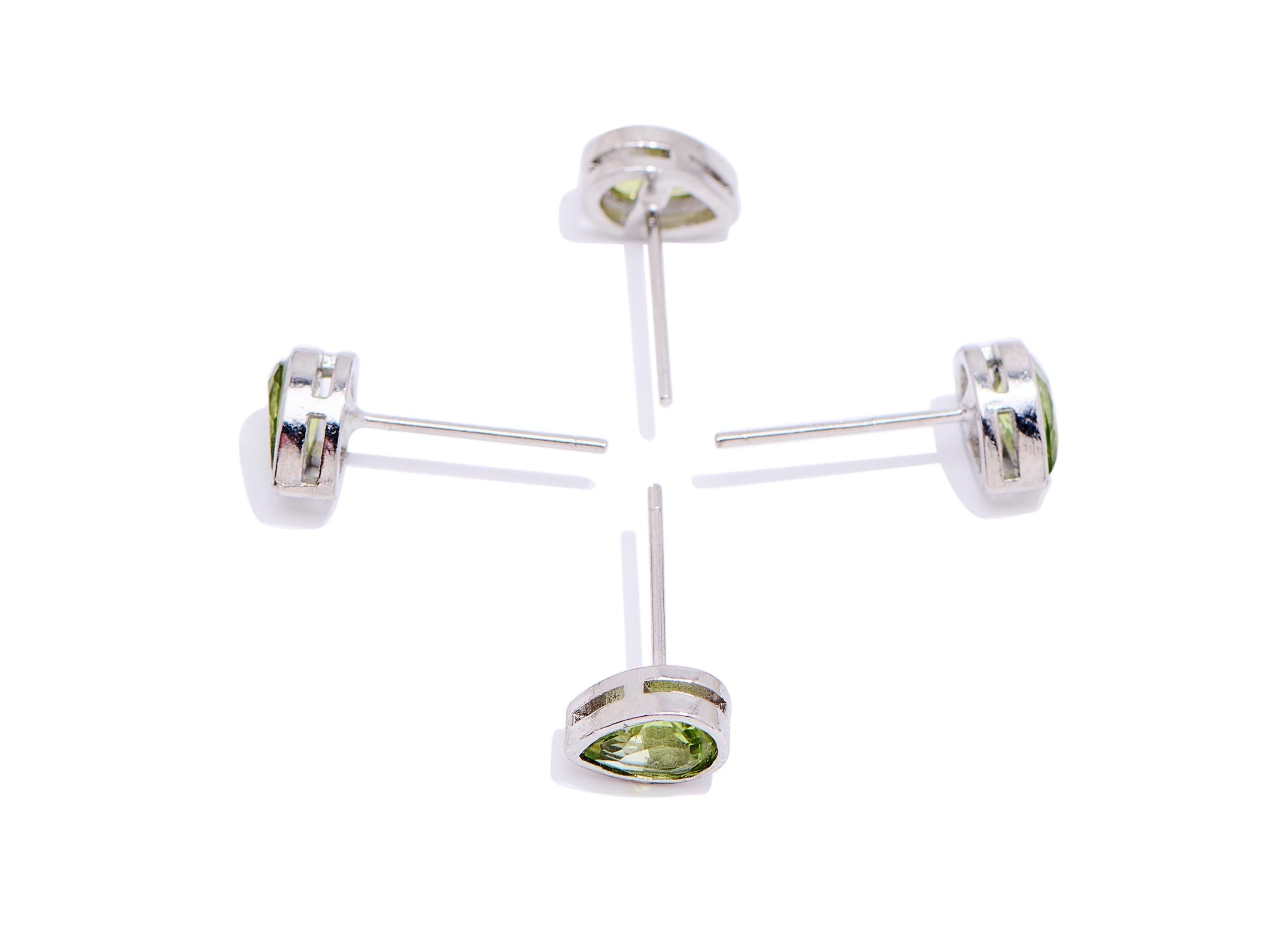 Olivine Brass Teardrop Studs - Drop Natural Stone Post - Minimalist Jewelry - Silver Stud - White K Plated Brass - 7.7x5.2x3.92mm - NS2591 - DOMEDBAZAAR