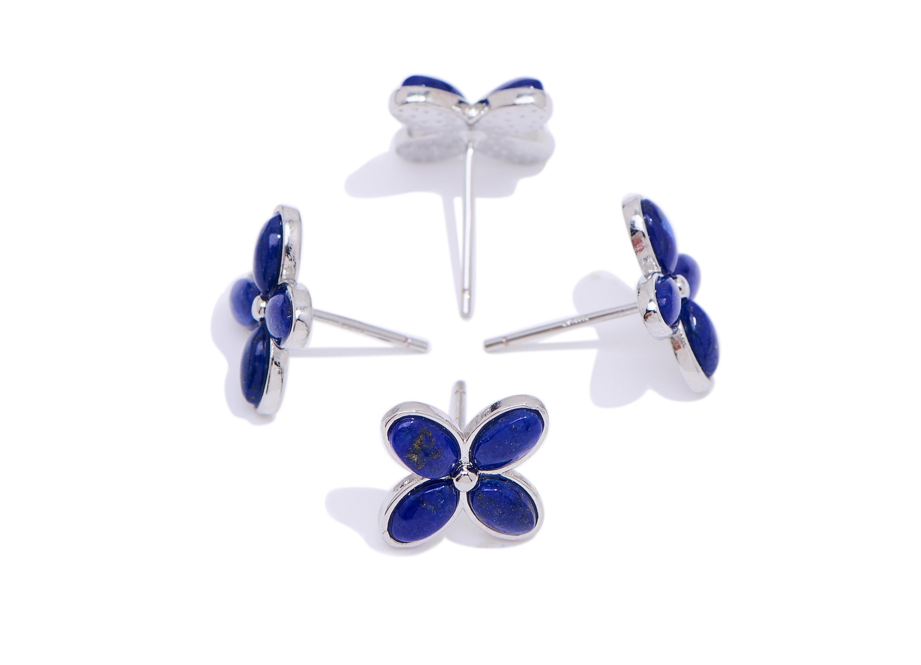 Lapis lazuli Heart Earring Stud - Brass Flower Vintage Looking Earring Post - Dainty Jewelry Making - White K Plated - 13x10x2.83mm - NS2599 - DOMEDBAZAAR